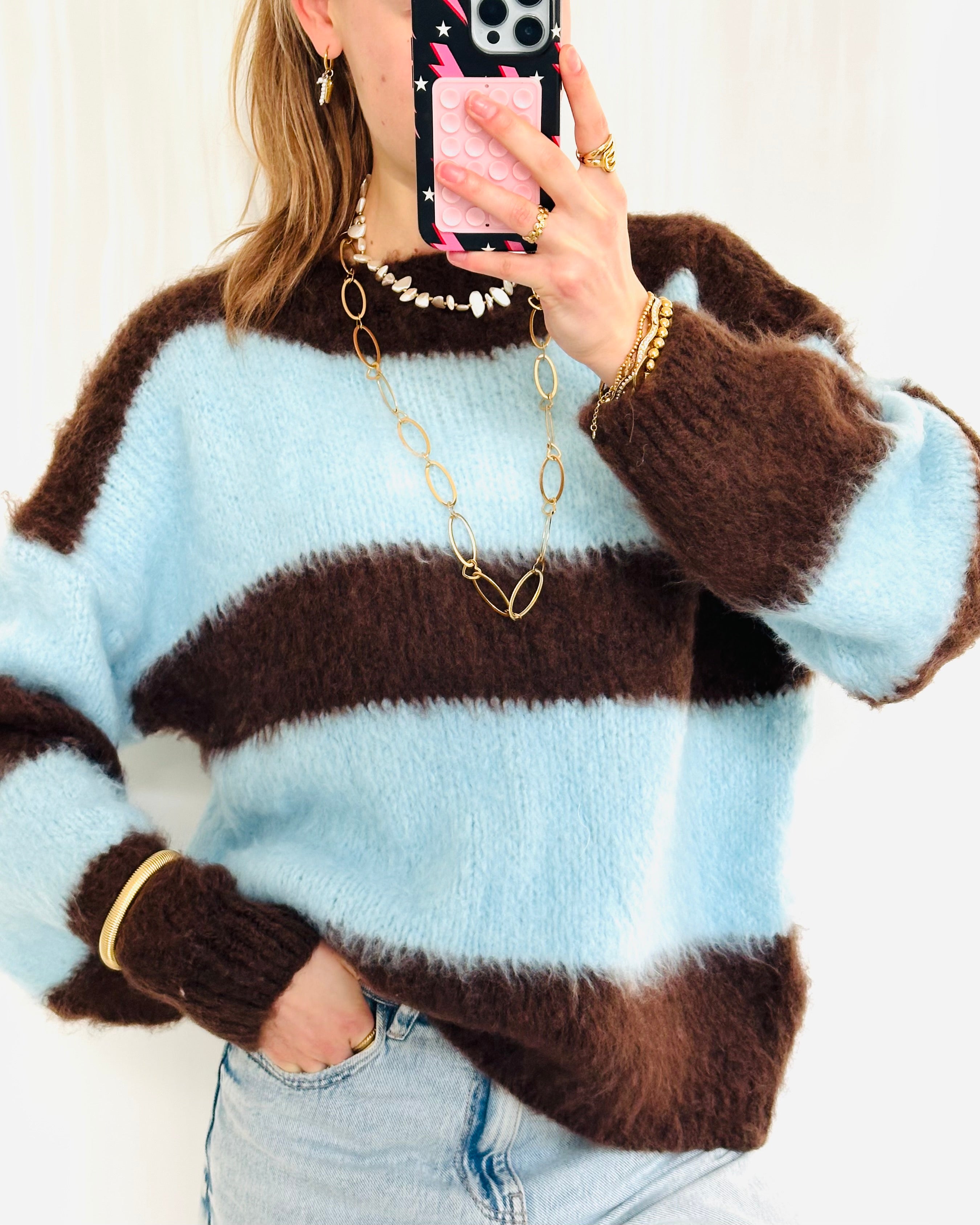 Soft trui stripe blue brown