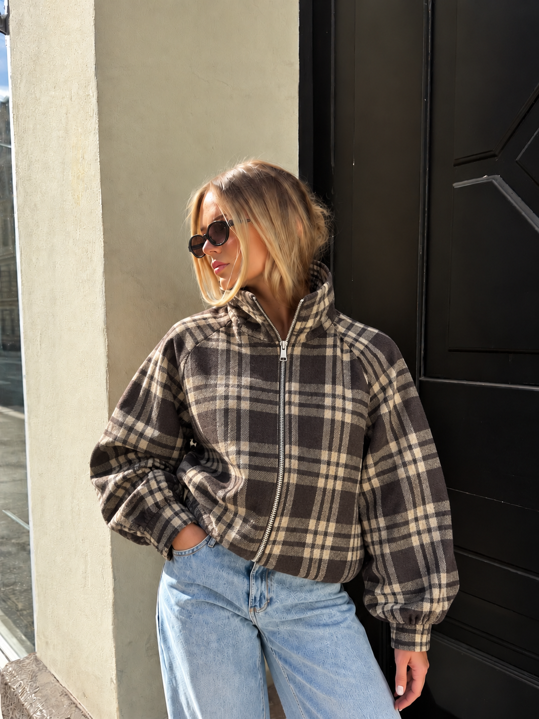 Hailey Checkered Blouse Jacket - Brown