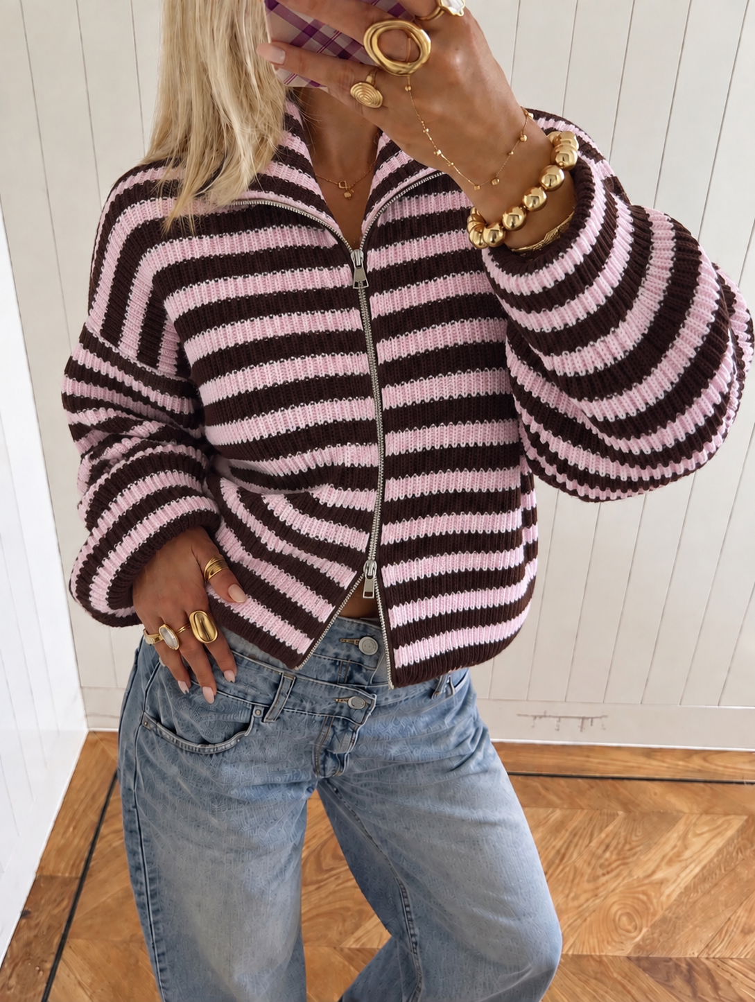 Essential Zip Knit pink brown