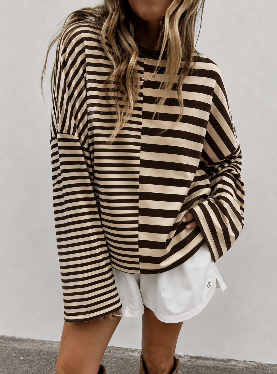 Double striped longsleeve bruin beige