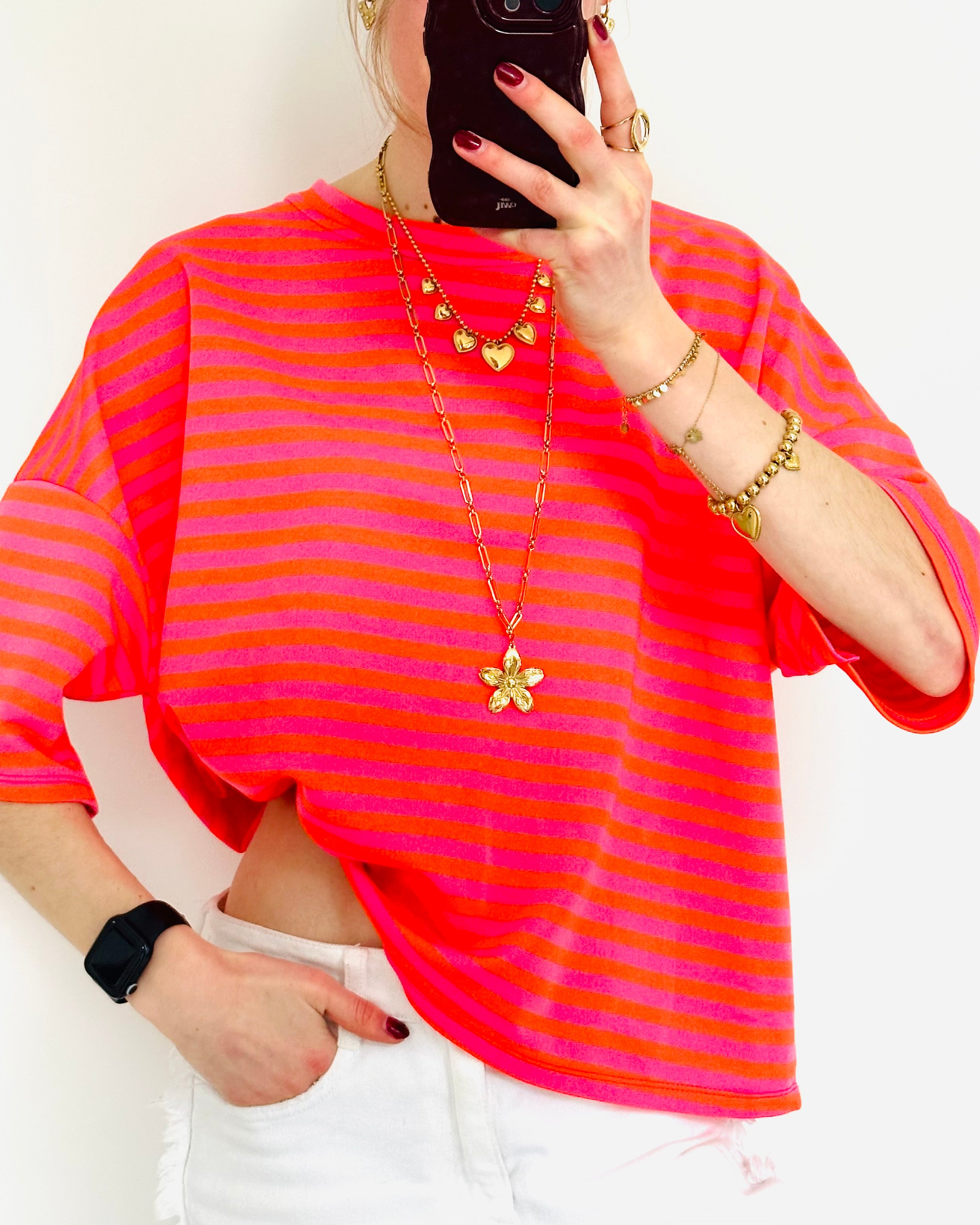 Casual stripe shortsleeve pink orange