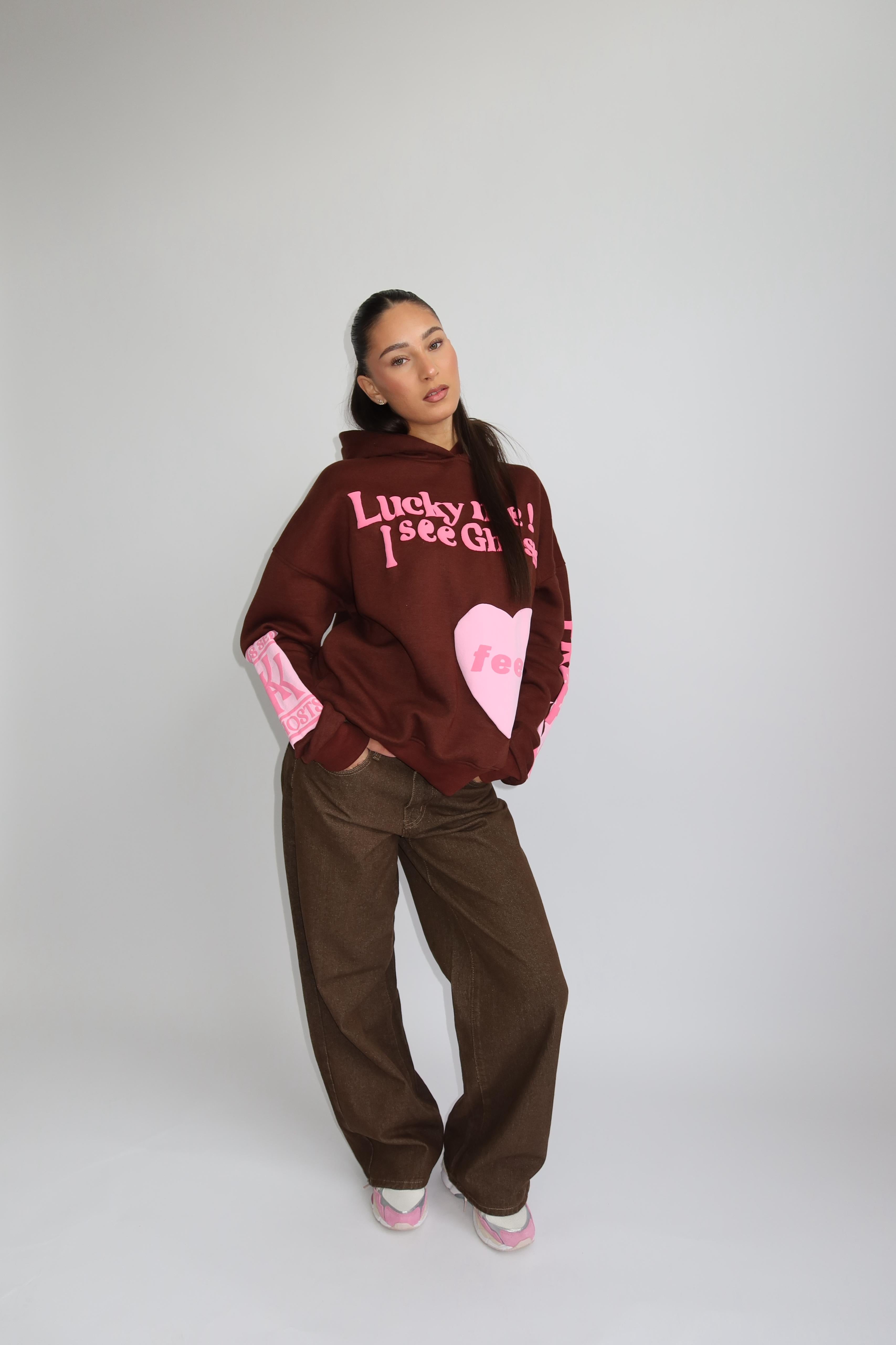 Lucky me hoodie brown pink