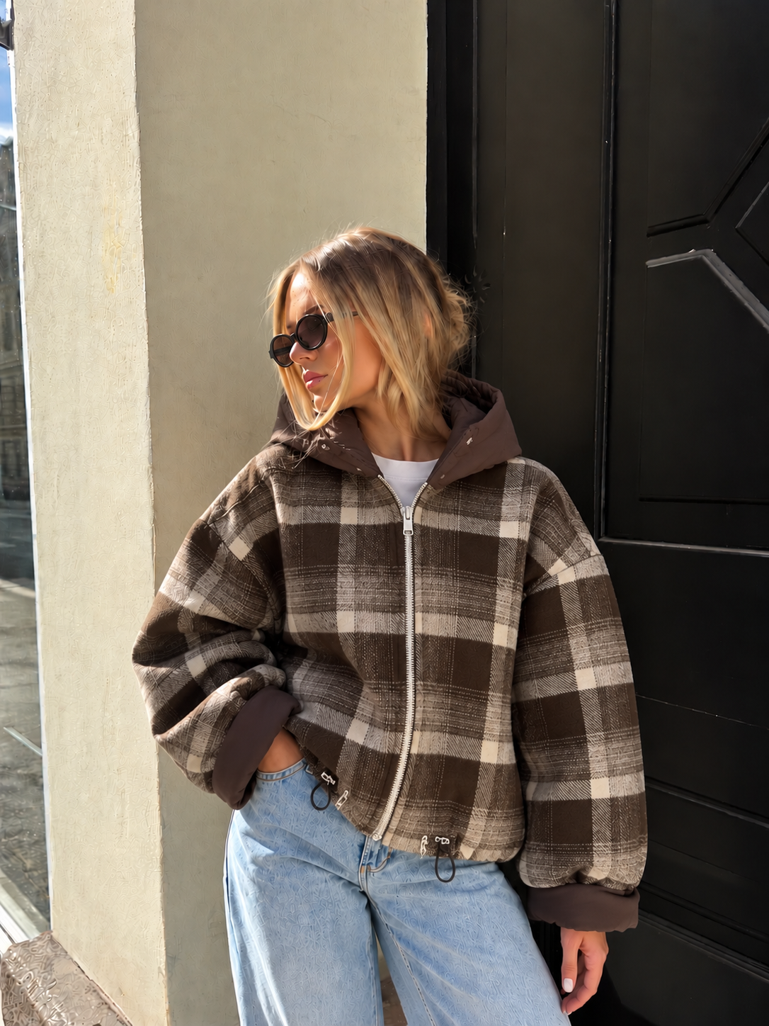 Maddie Checkered Jacket - Brown