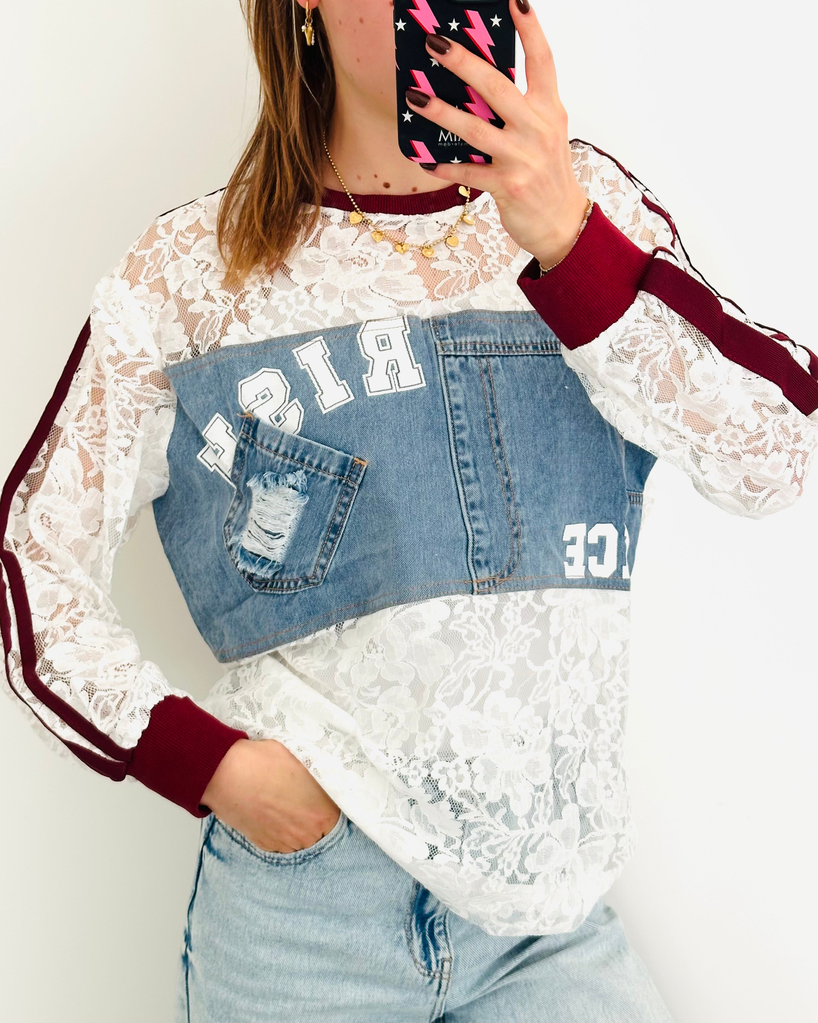 Wit kant baseball shirt Bordeaux