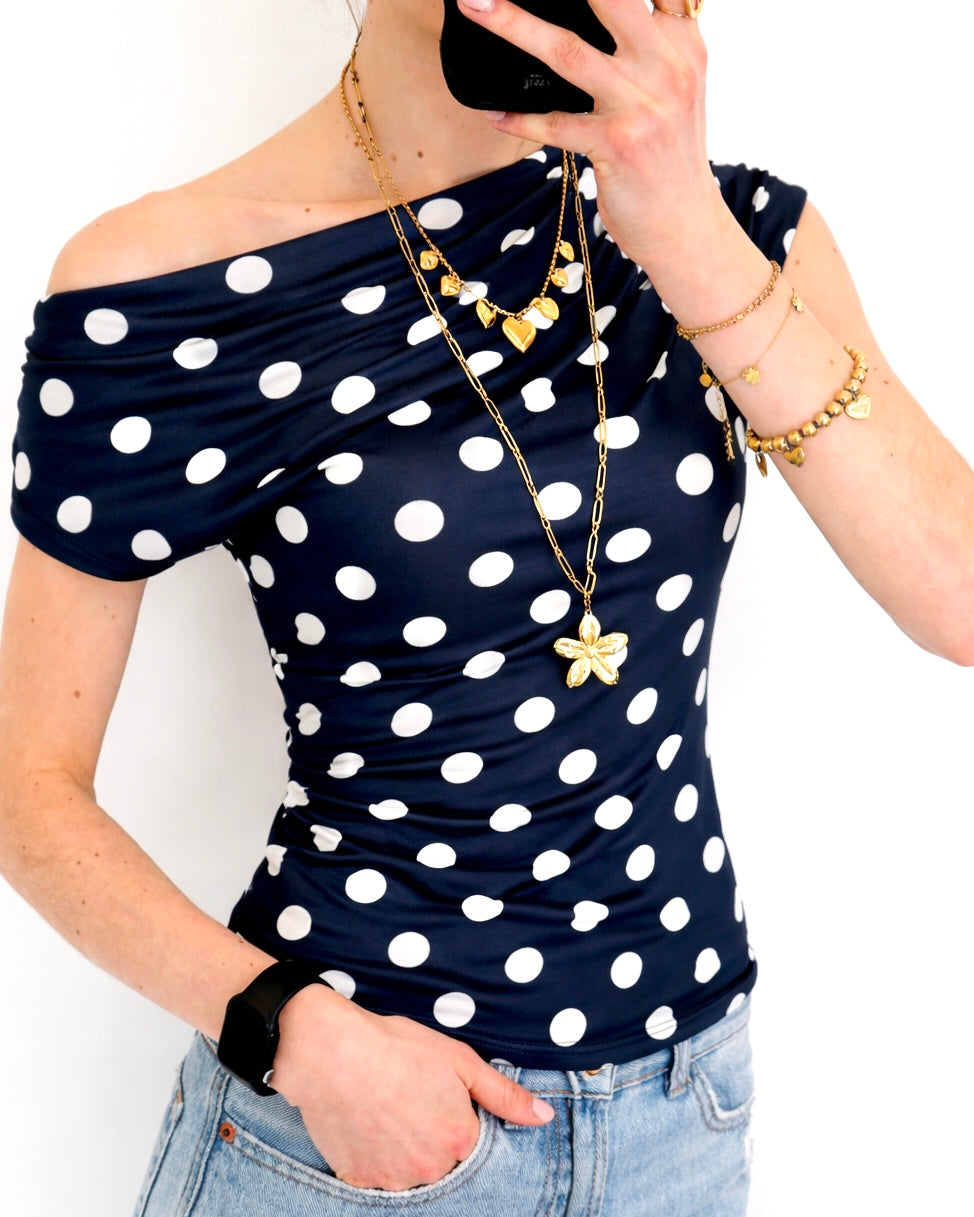 Polka dots one shoulder top navy white