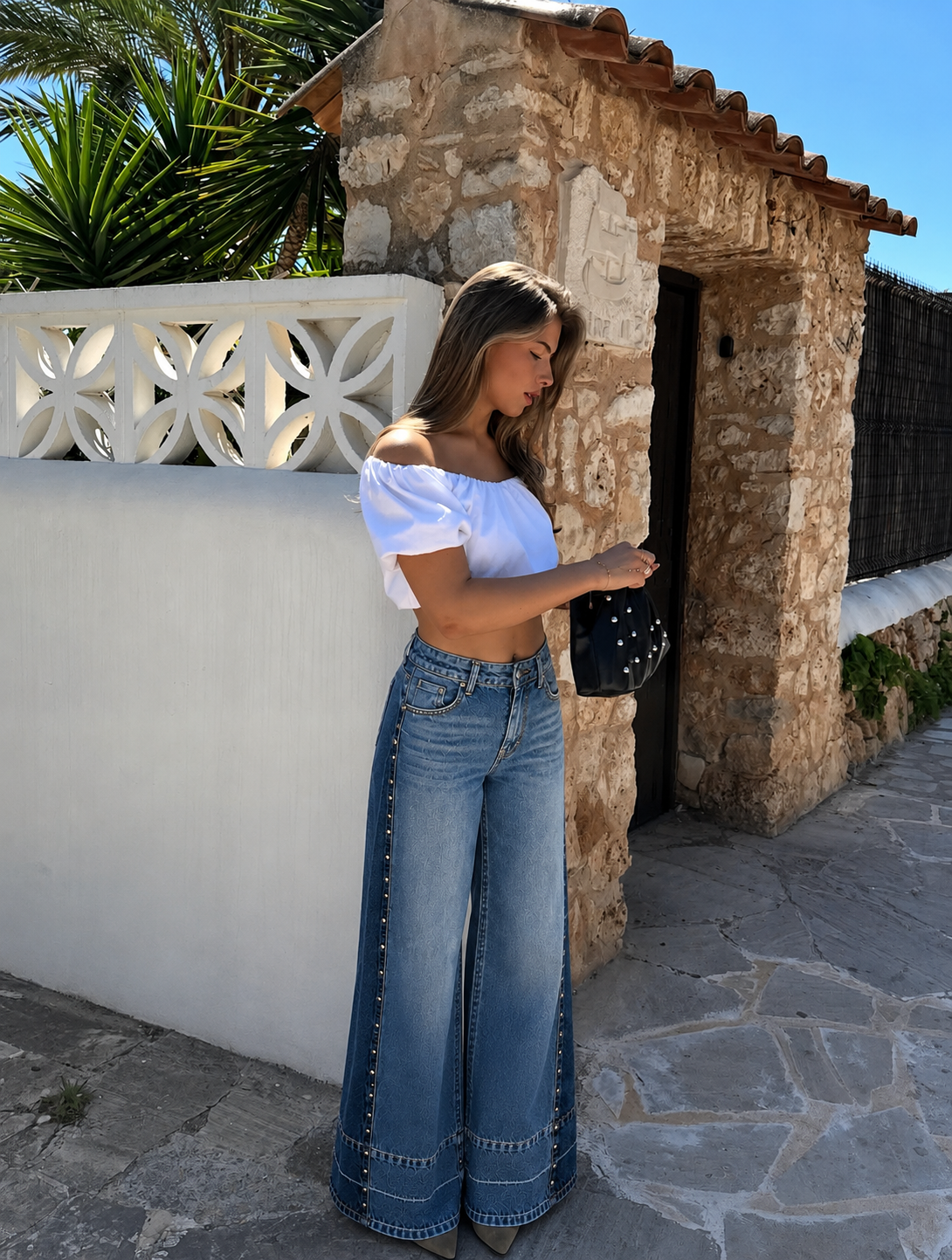 Studs wide leg jeans blue