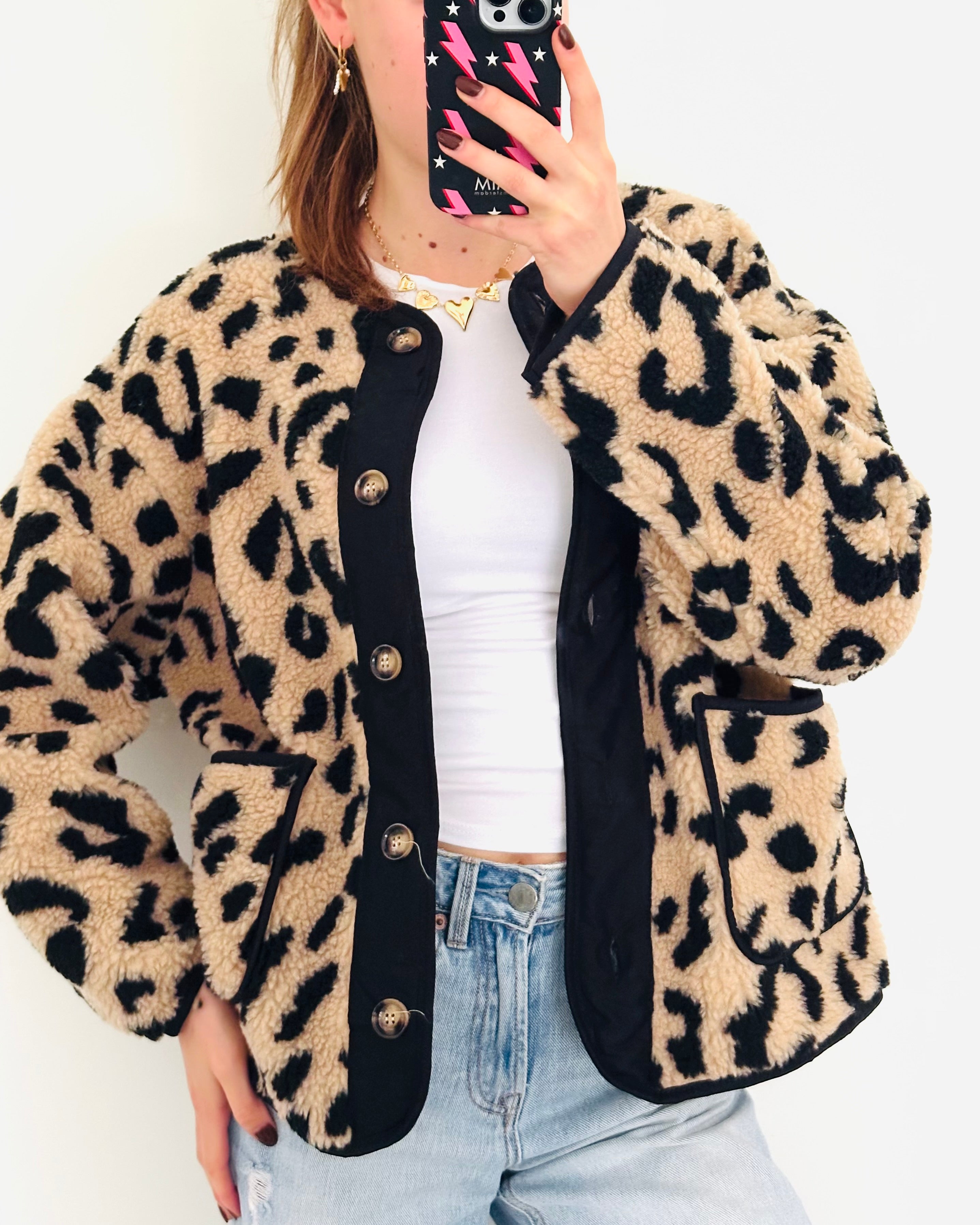 Teddy jacket panter beige zwart