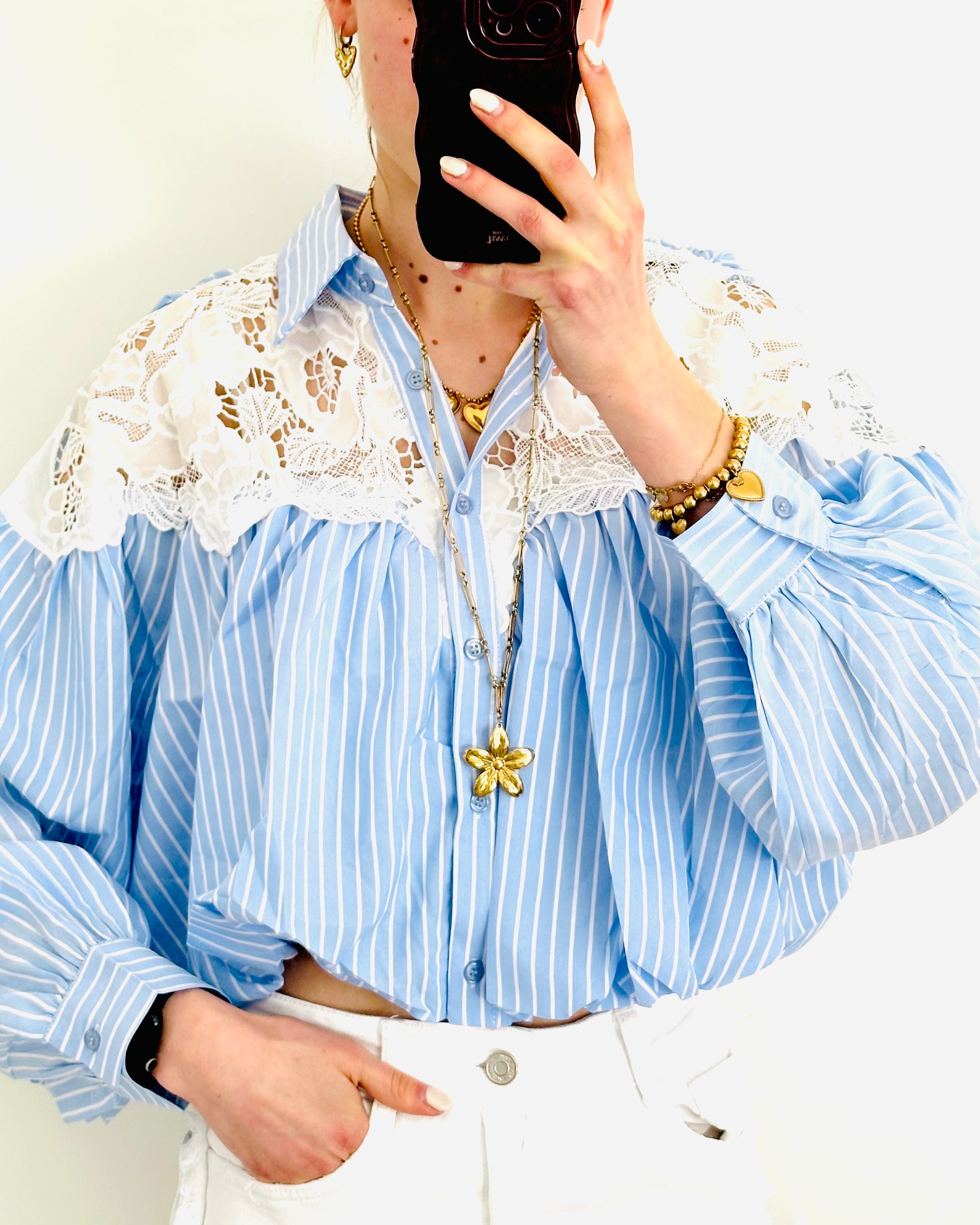 Broderie blossom blouse striped blue