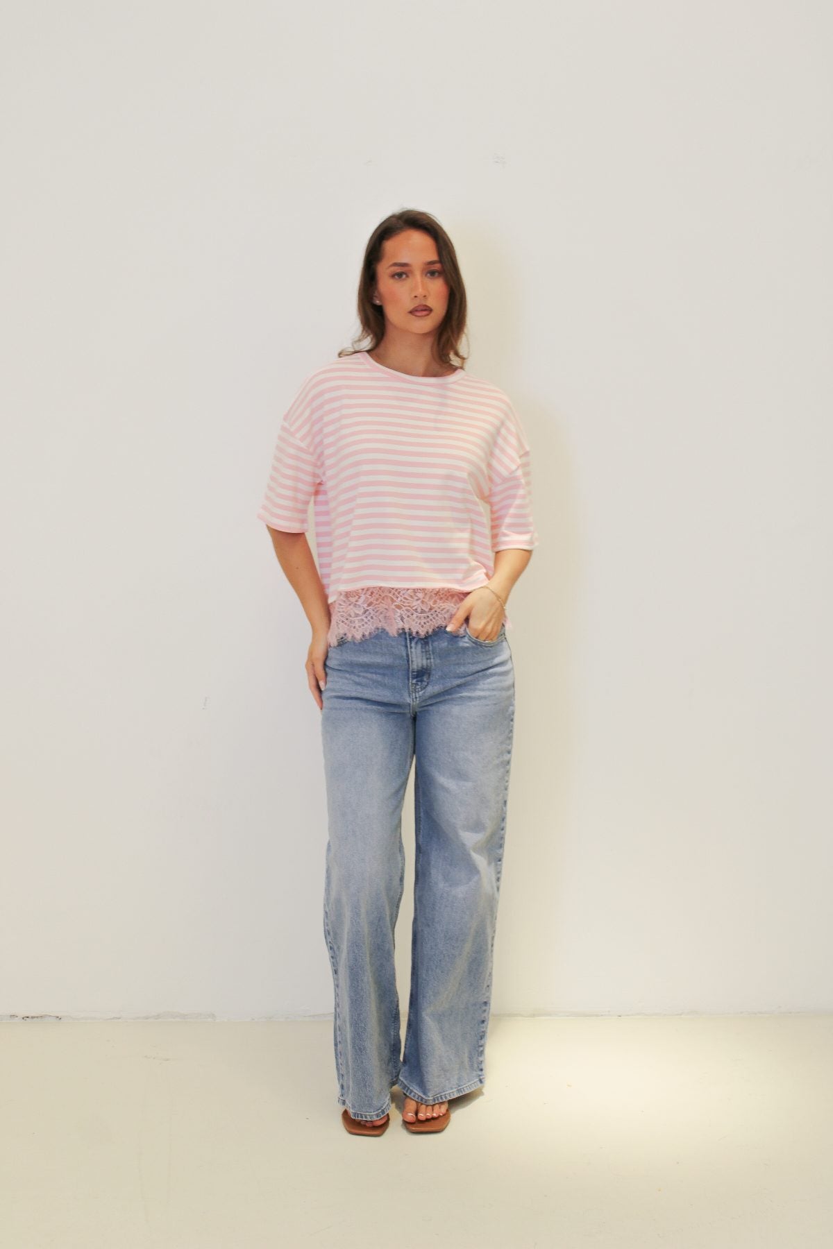 Striped lace shortsleeve pink white