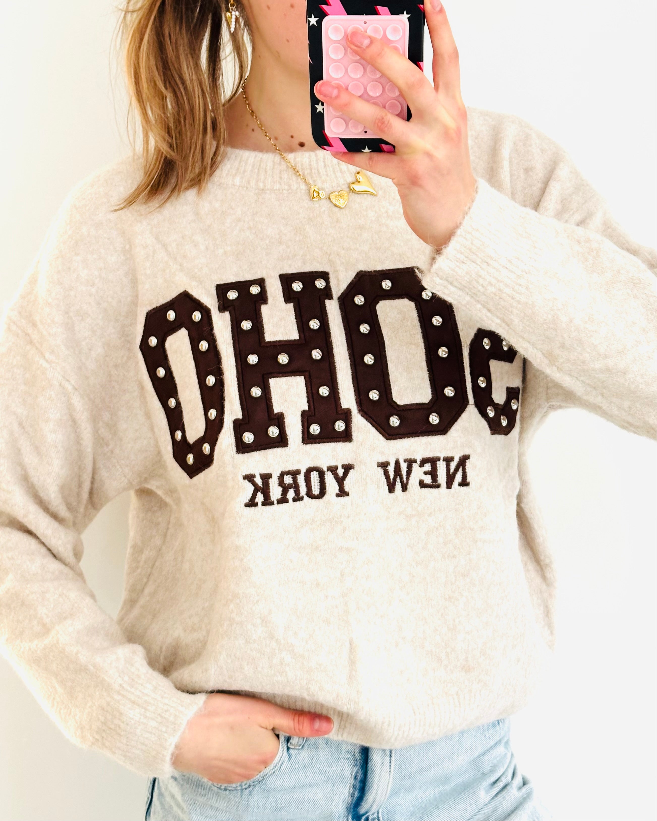 SOHO trui studs off white brown