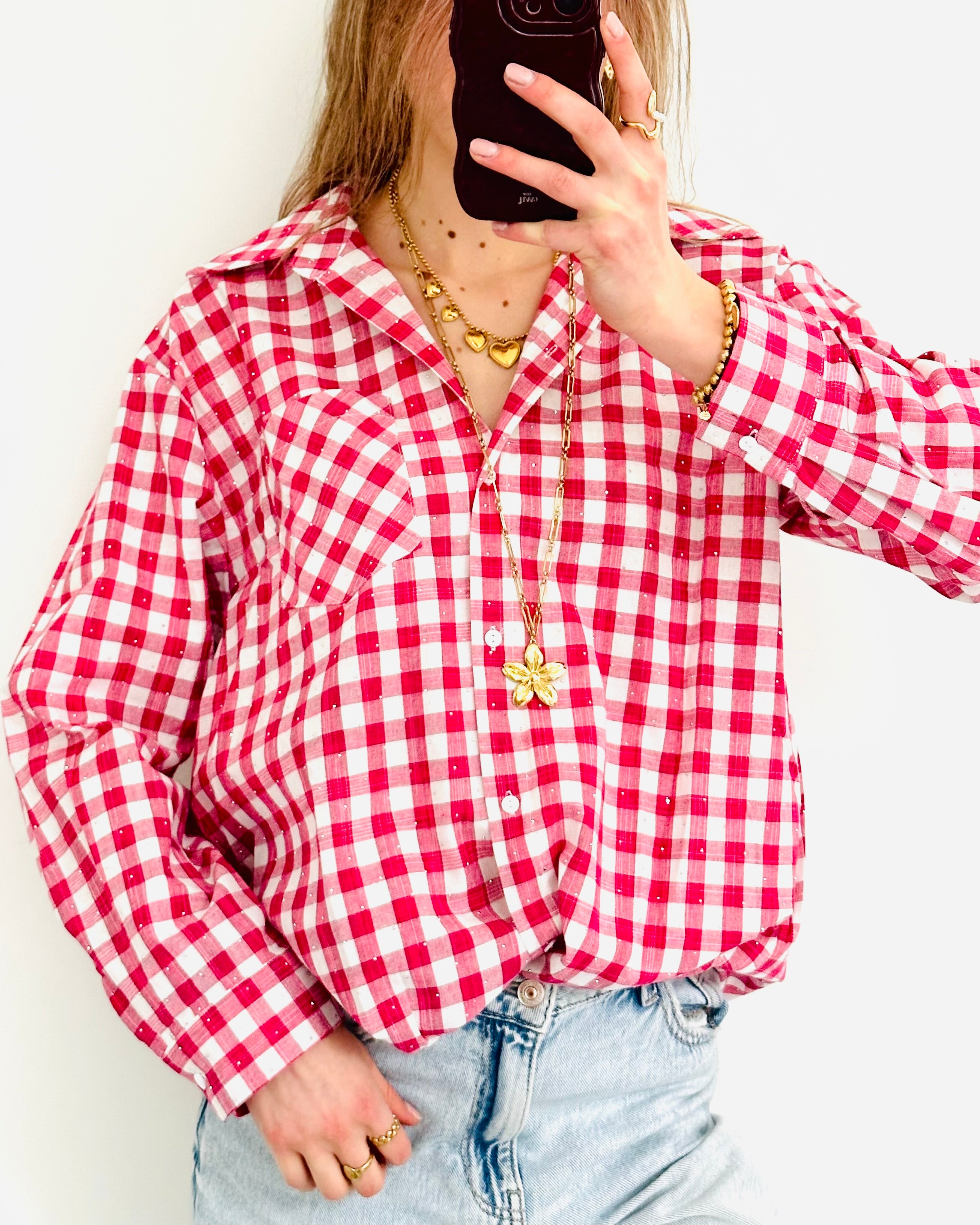 Limited glitter blouse geruit fuchsia
