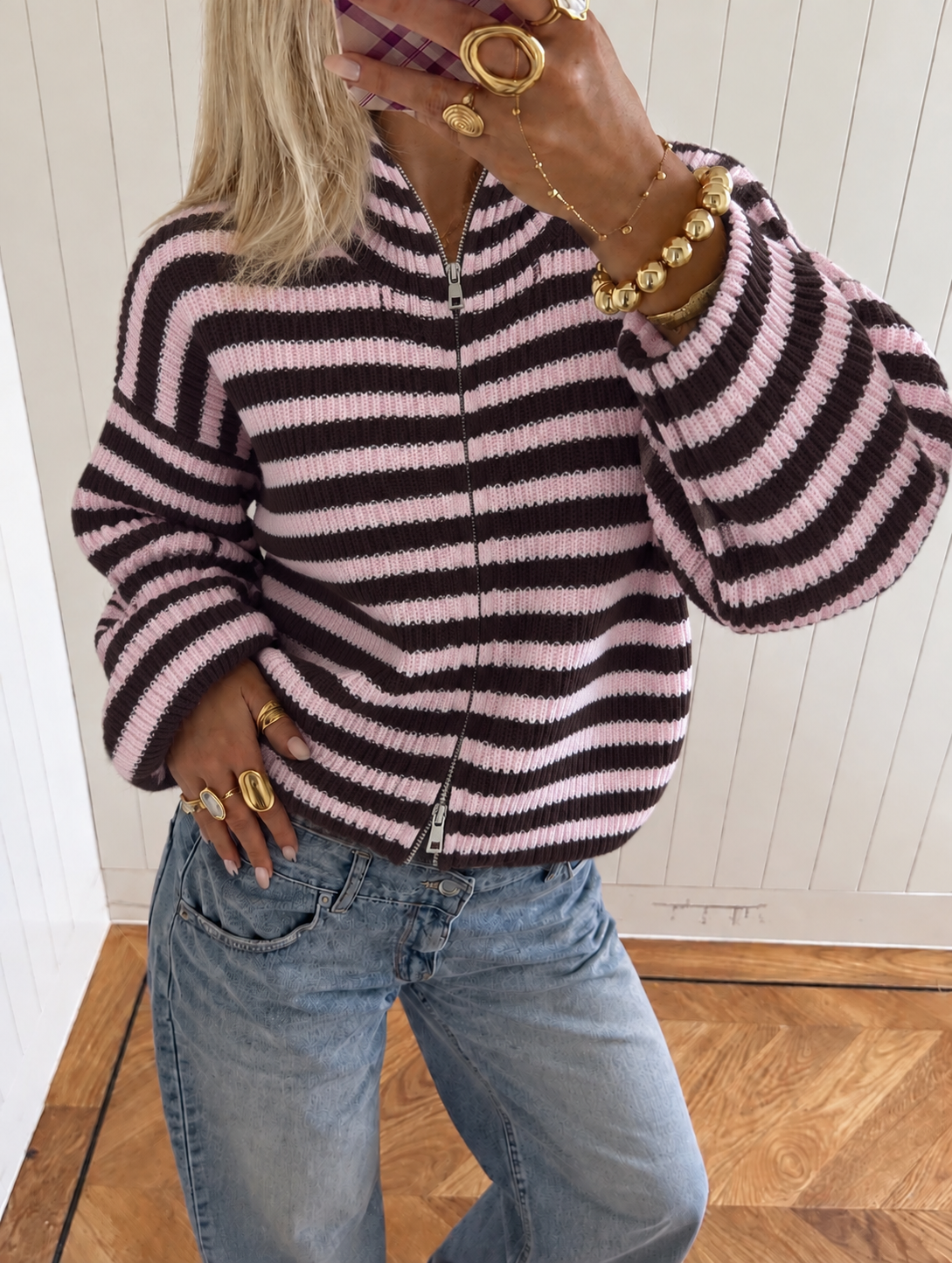 Essential Zip Knit pink brown