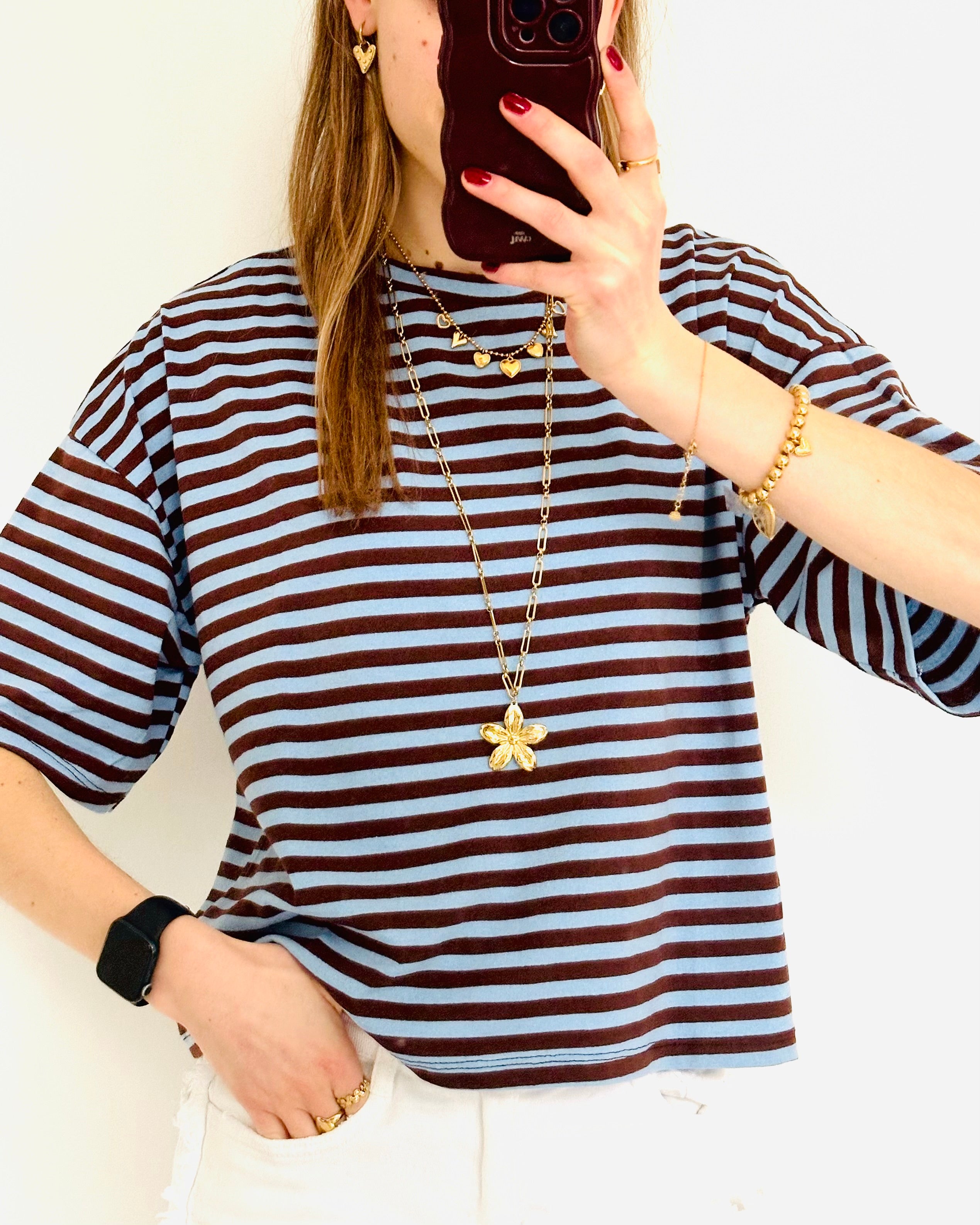Shortsleeve stripe top bruin blauw