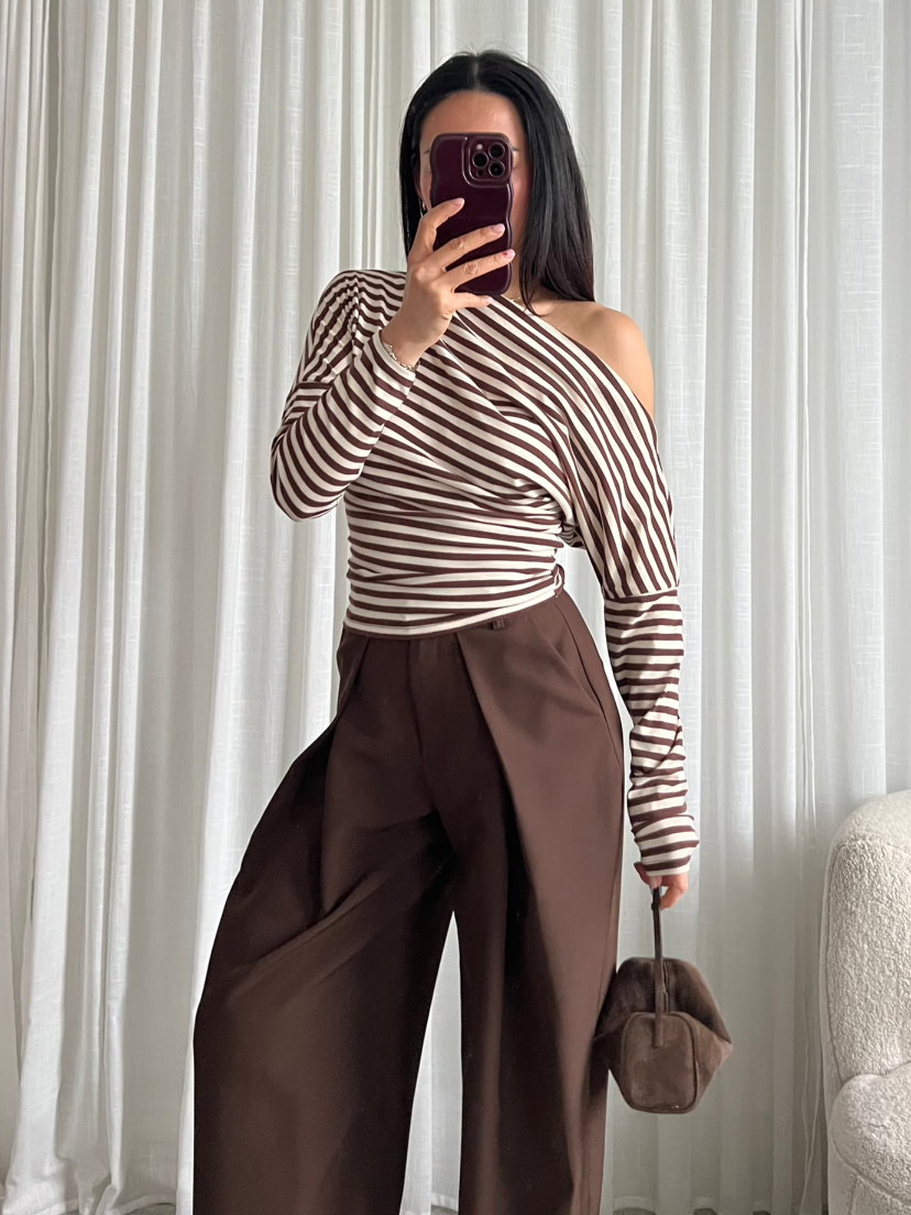 One shoulder striped top brown
