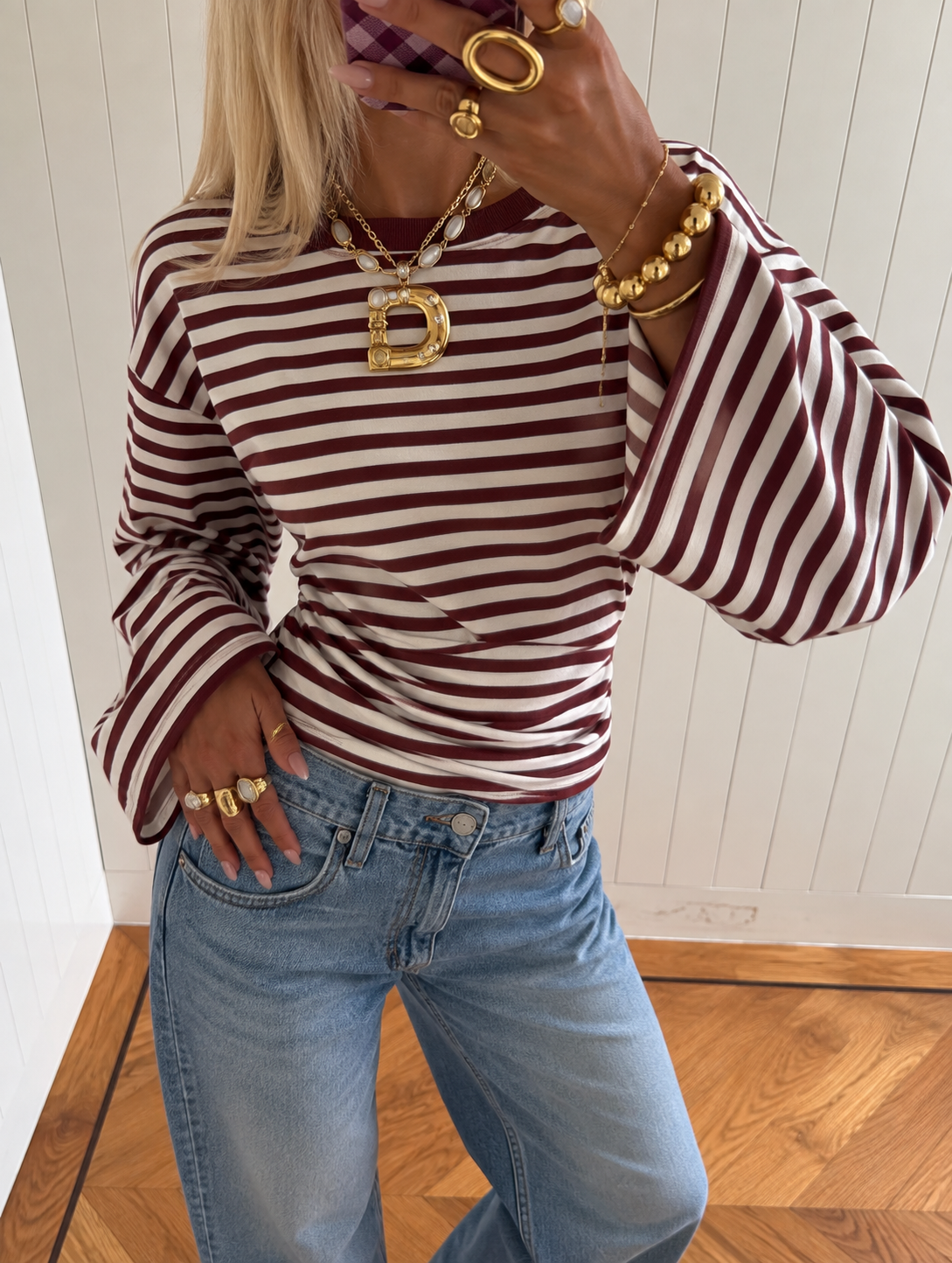 Sculpted Waist Striped top burgundy