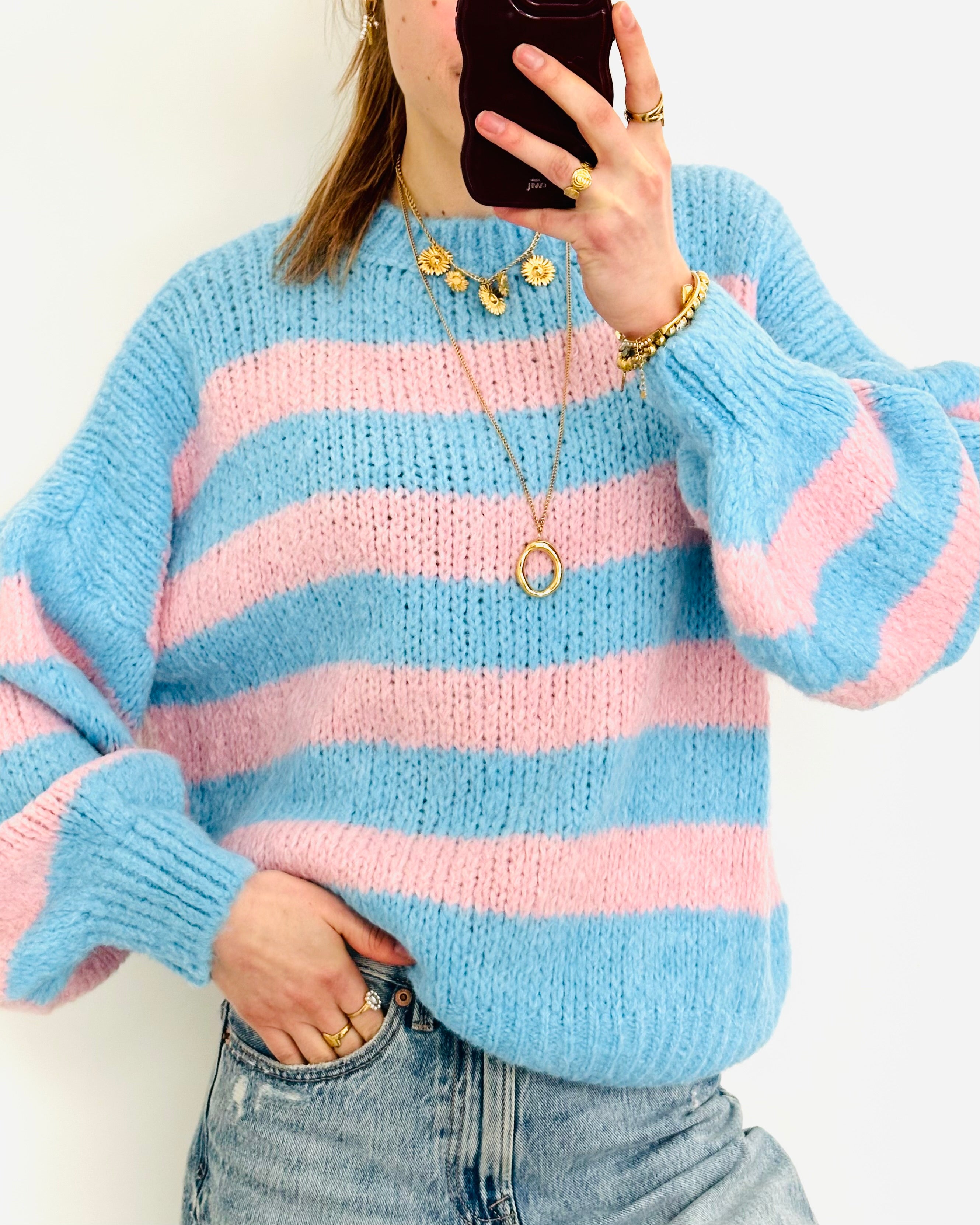 Comfy trui stripe blue pink