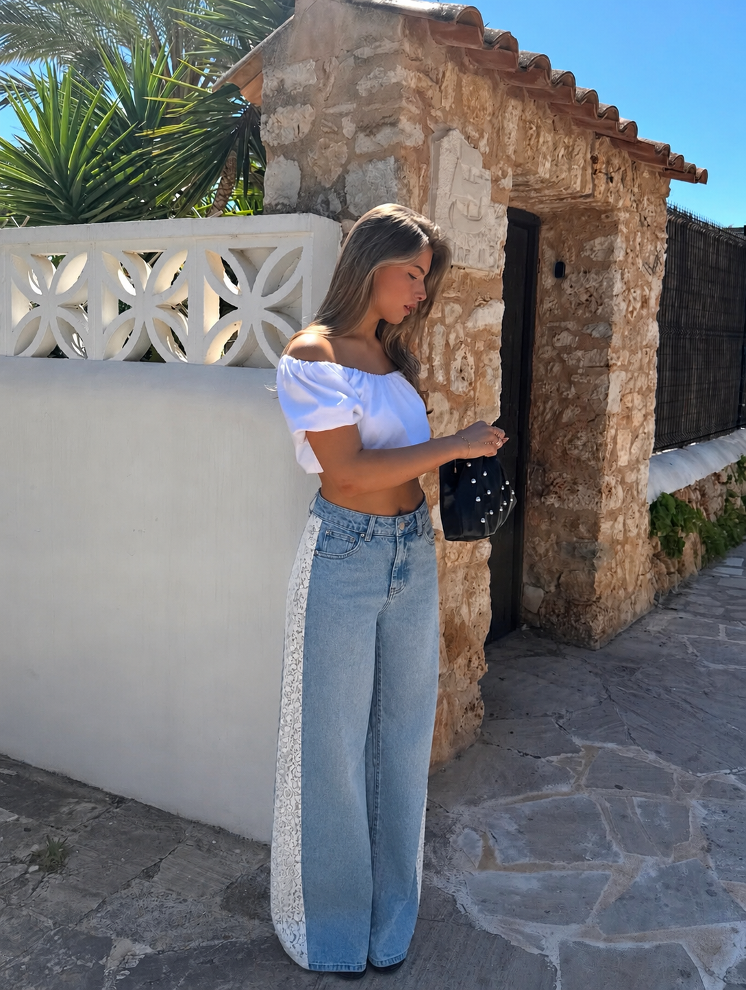 Lace wide leg jeans blue white