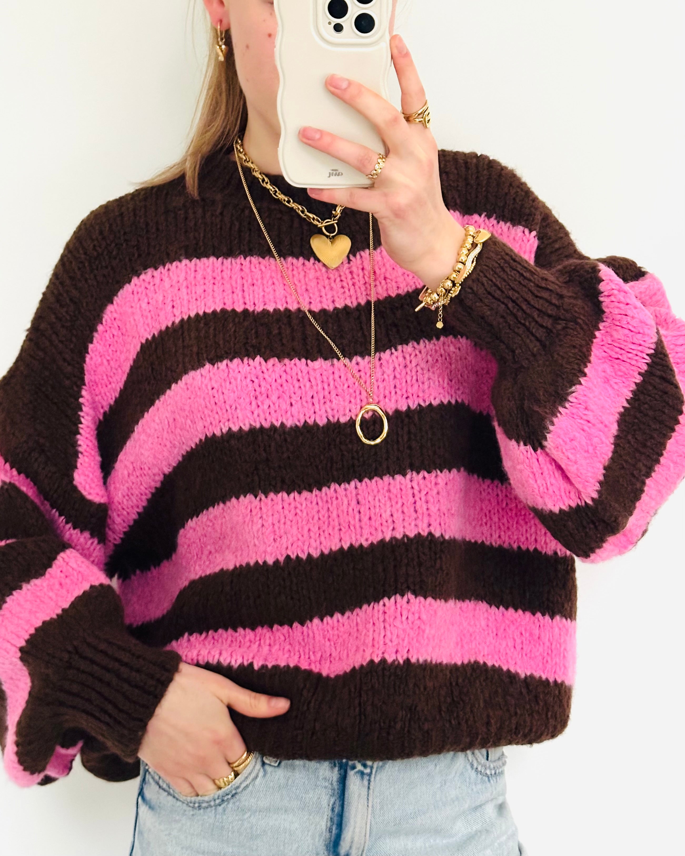 Comfy trui stripe brown pink
