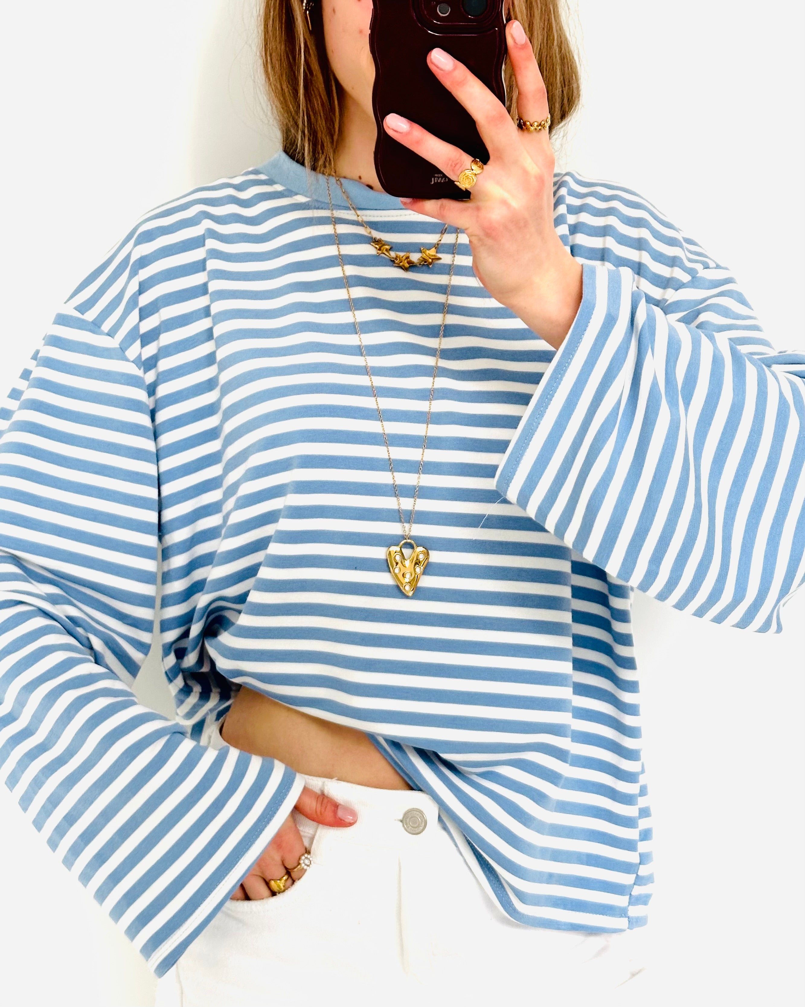 Casual stripe longsleeve denim white pre order