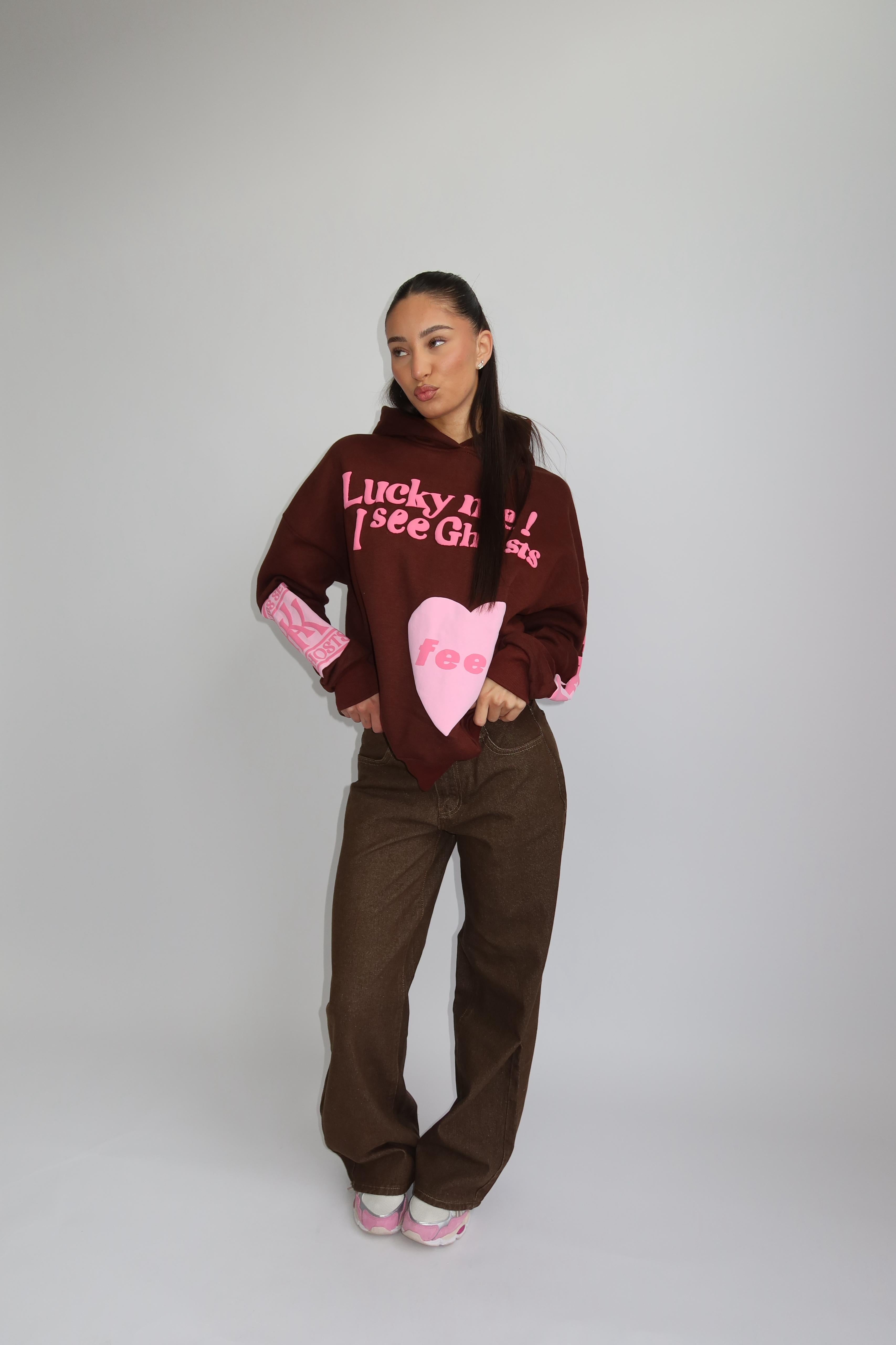 Lucky me hoodie brown pink