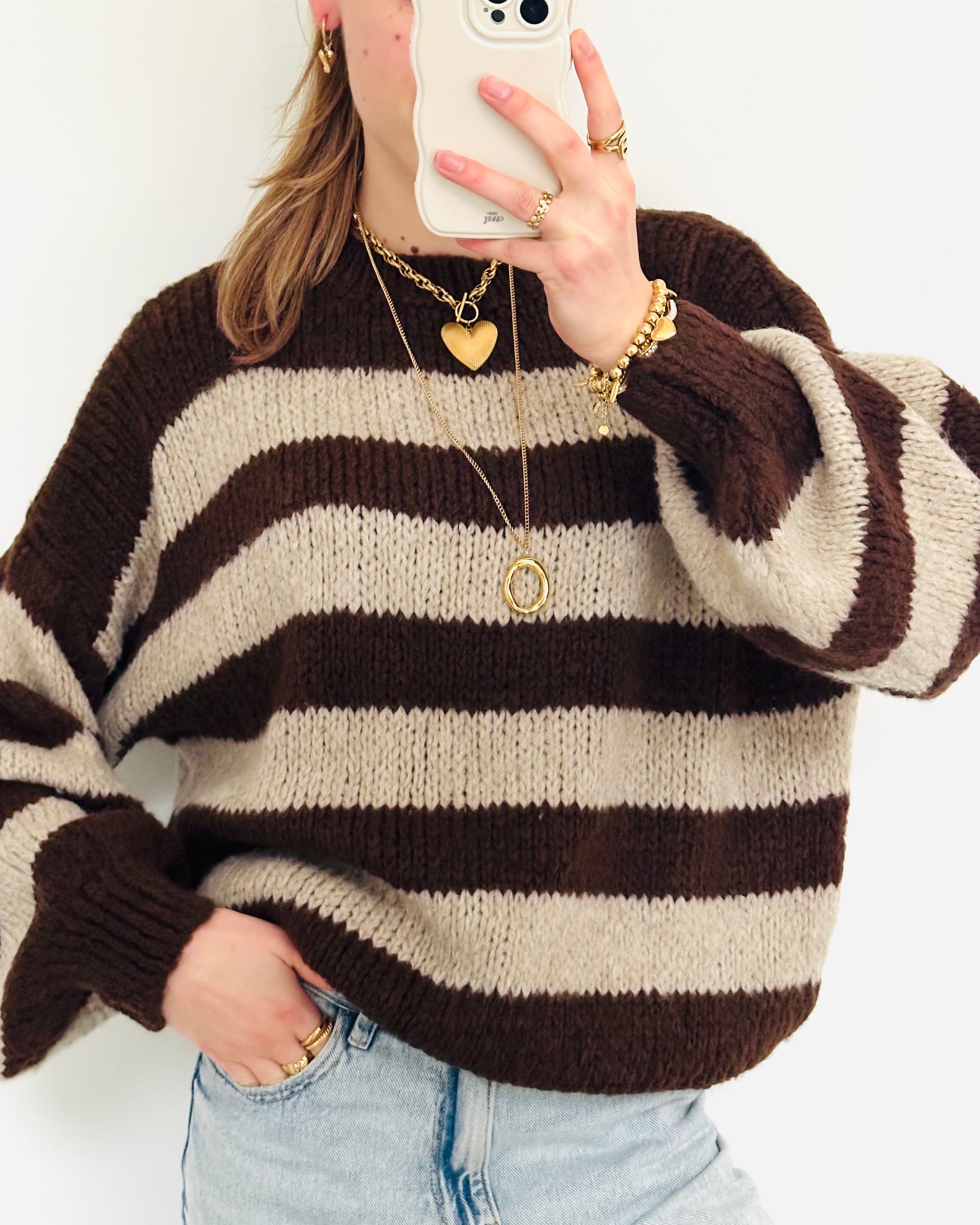 Comfy trui stripe brown beige