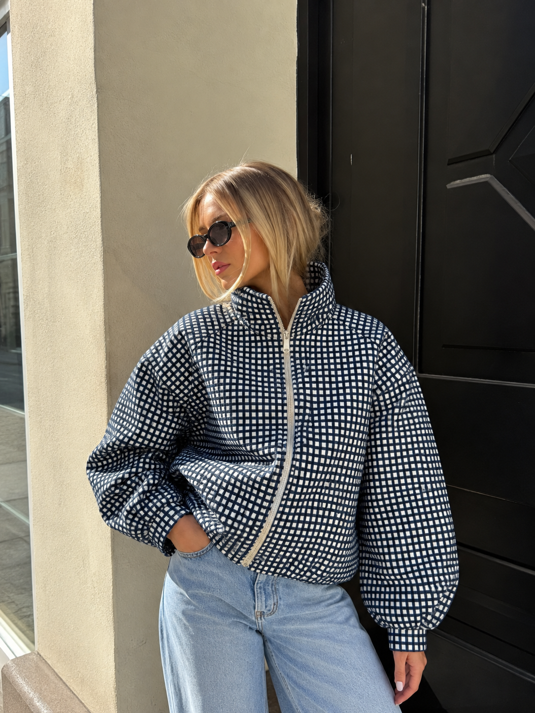 Mila Checkered Bomber Jacket navy