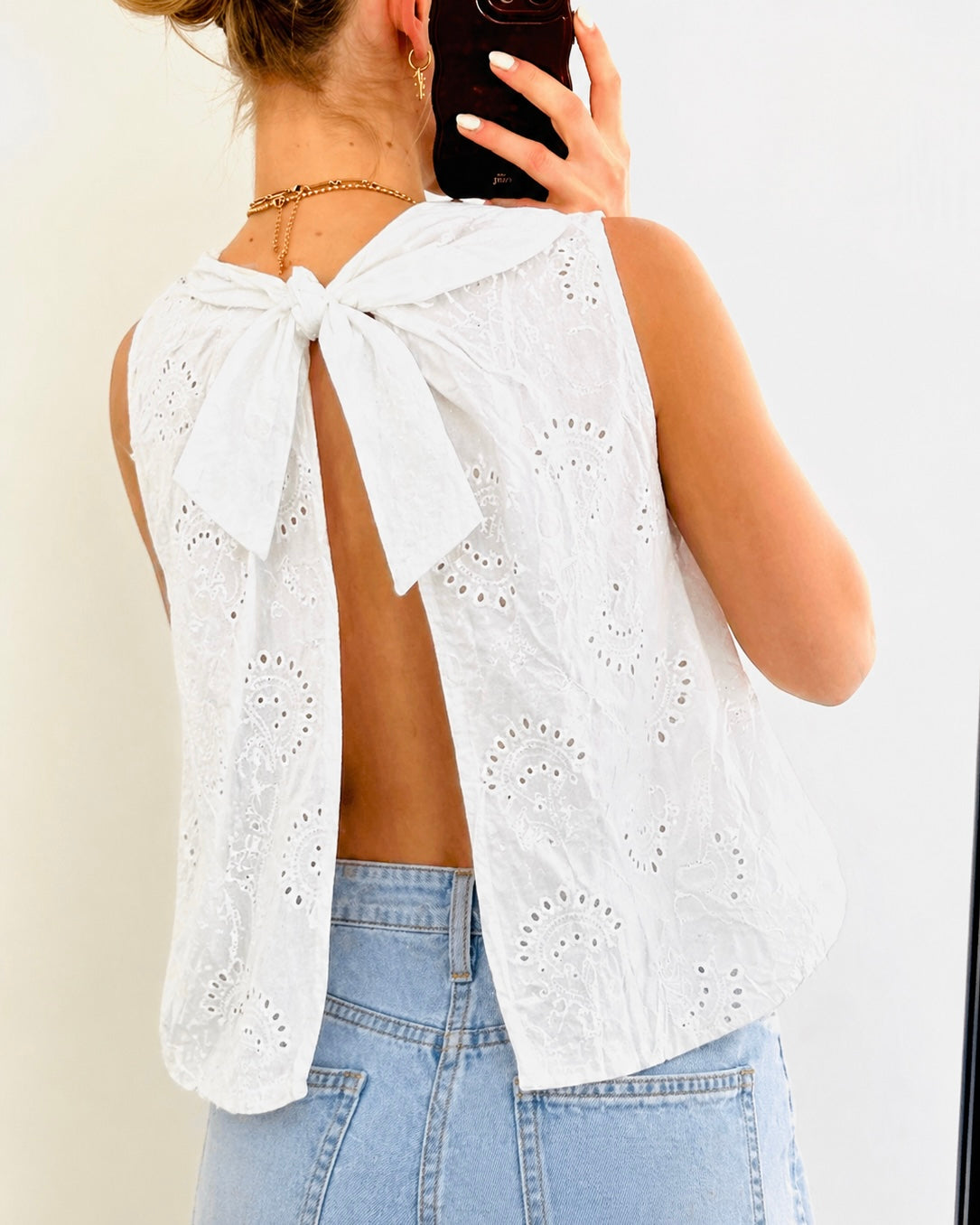Lace blouse open back white
