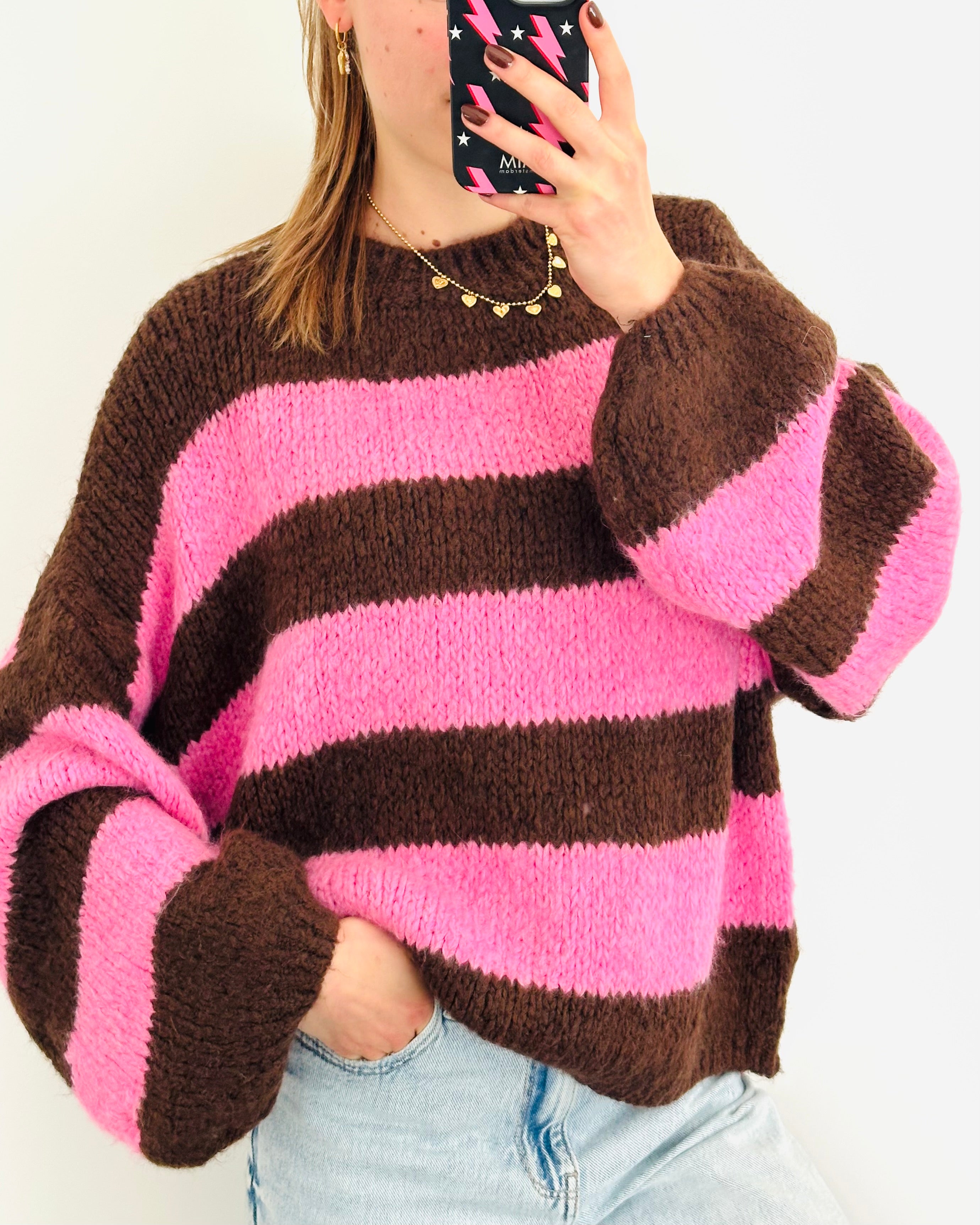 Comfy trui stripe brown pink