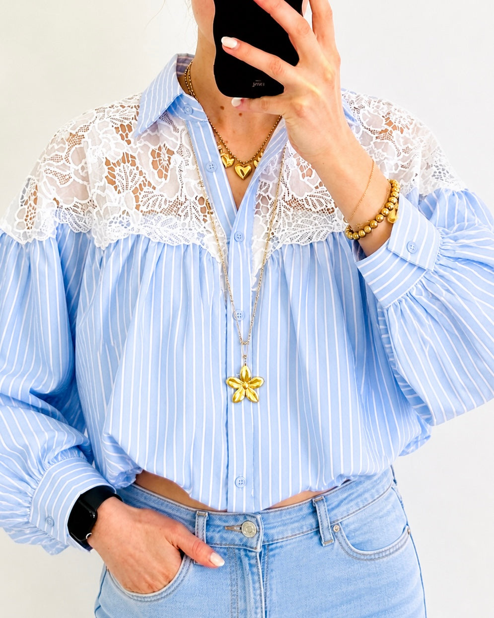 Broderie blossom blouse striped blue