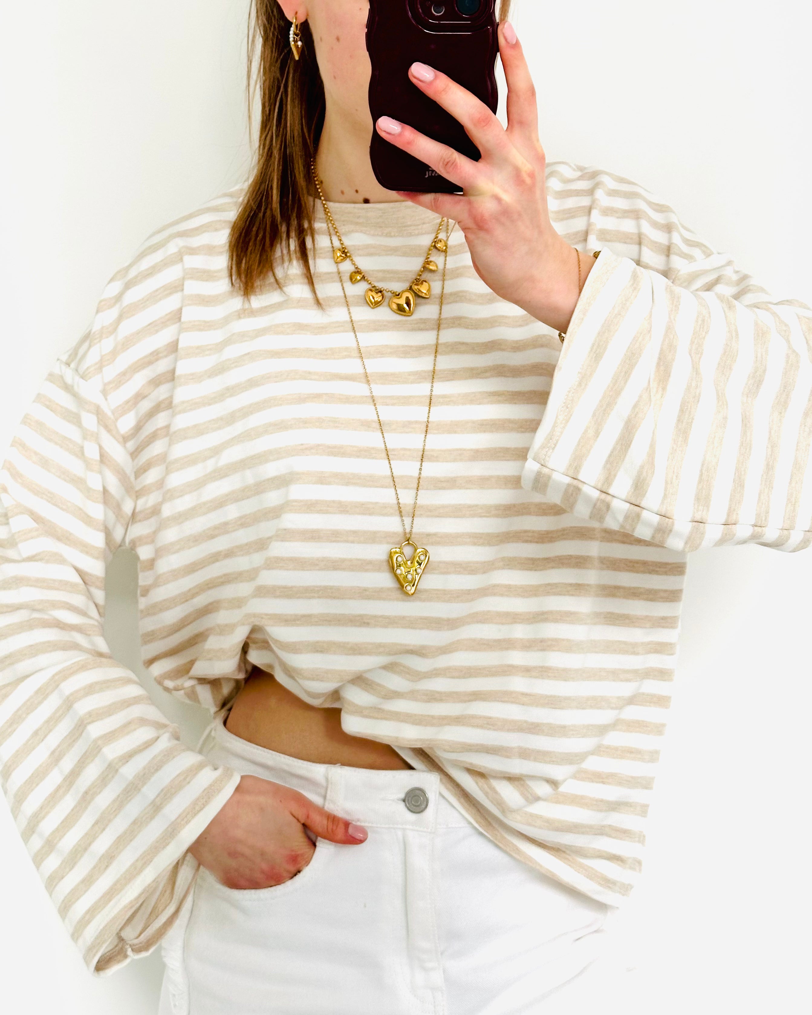 Casual stripe longsleeve beige wit