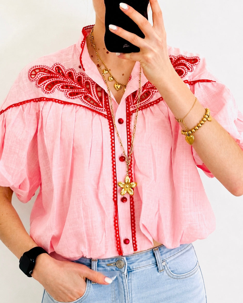 Broderie blossom blouse red pink