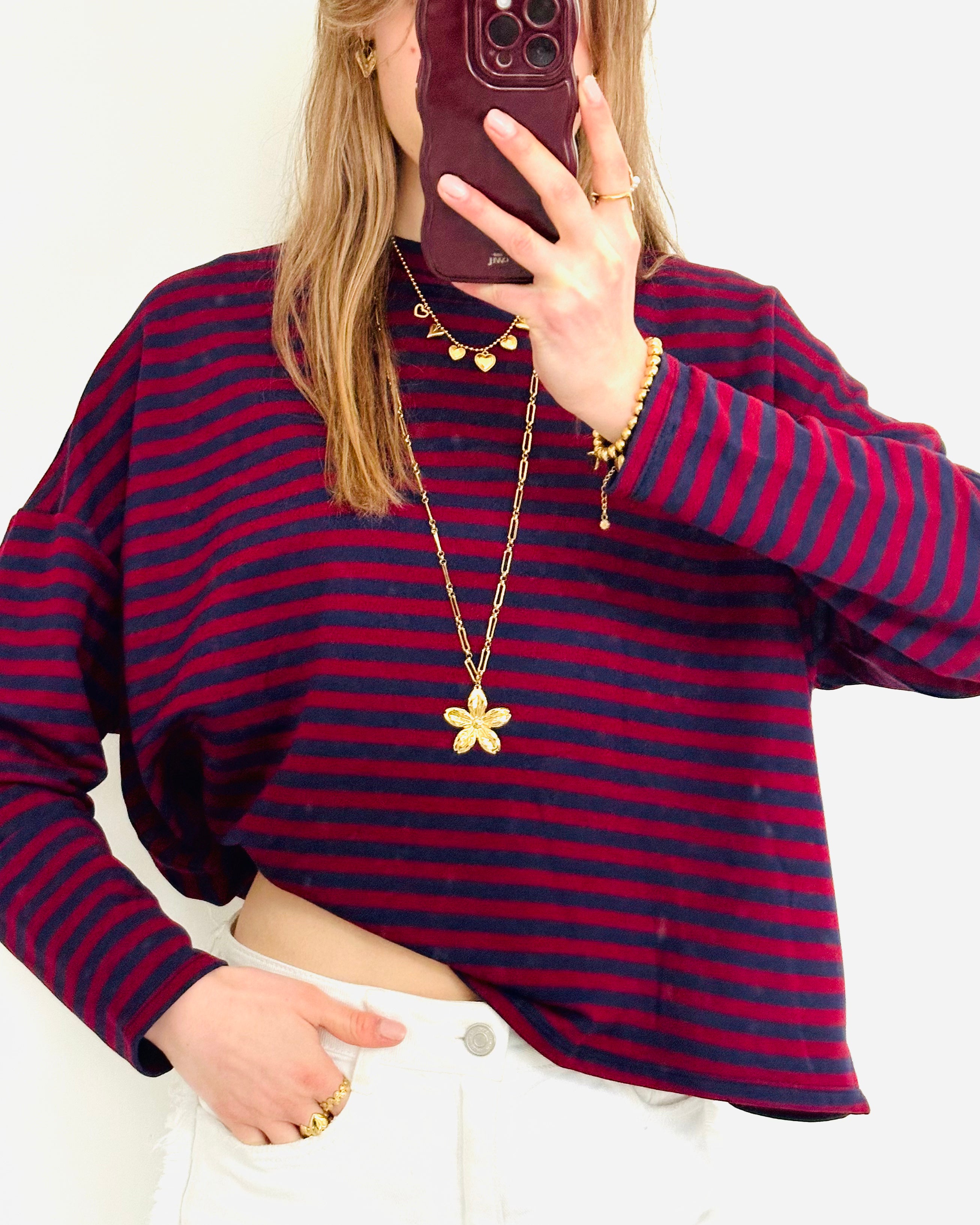 Casual stripe longsleeve navy Bordeaux straight