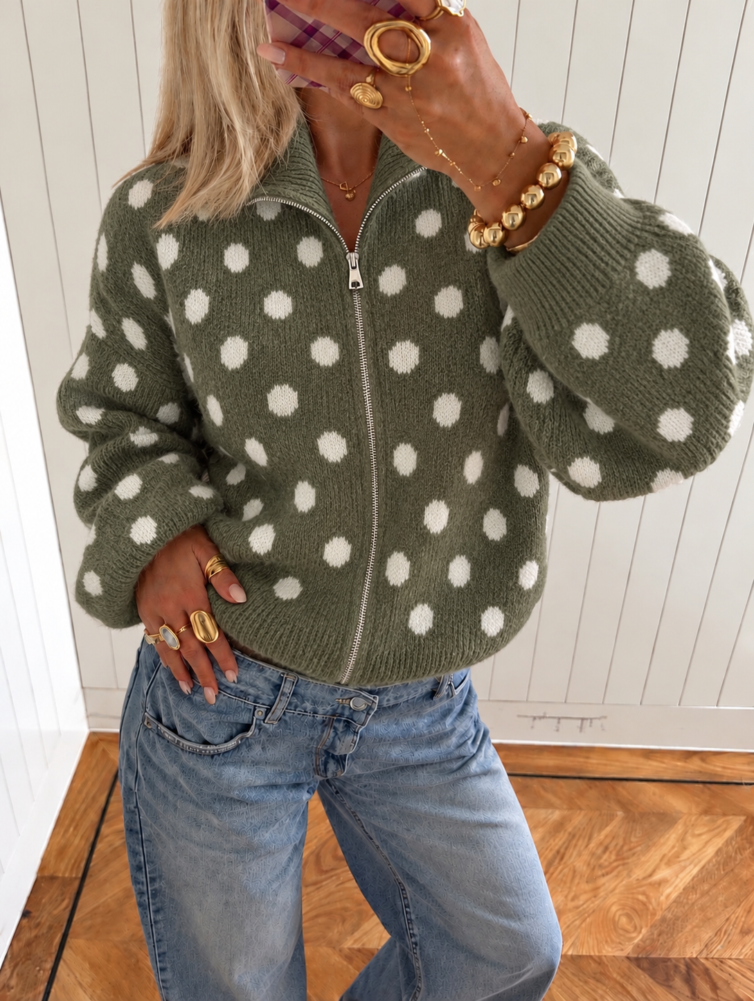 Polka dots Zip Knit khaki