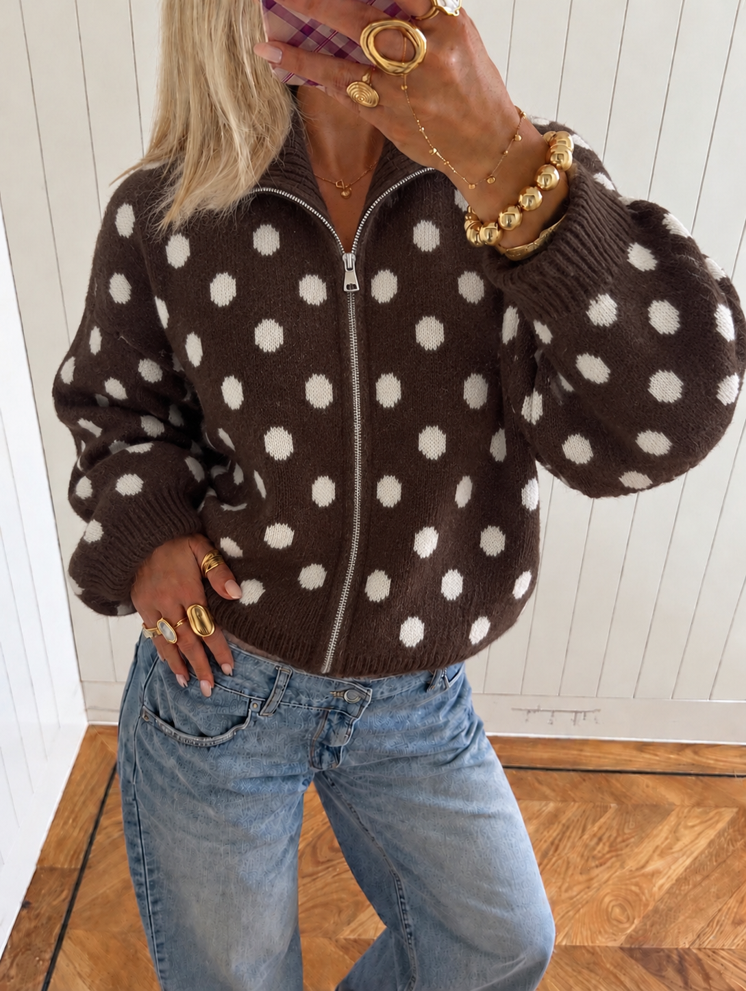 Polka dots Zip Knit brown