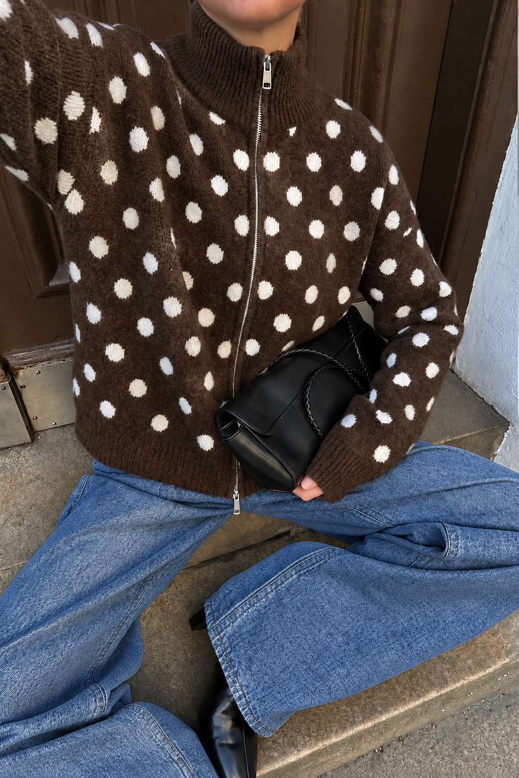 Polka dots Zip Knit brown