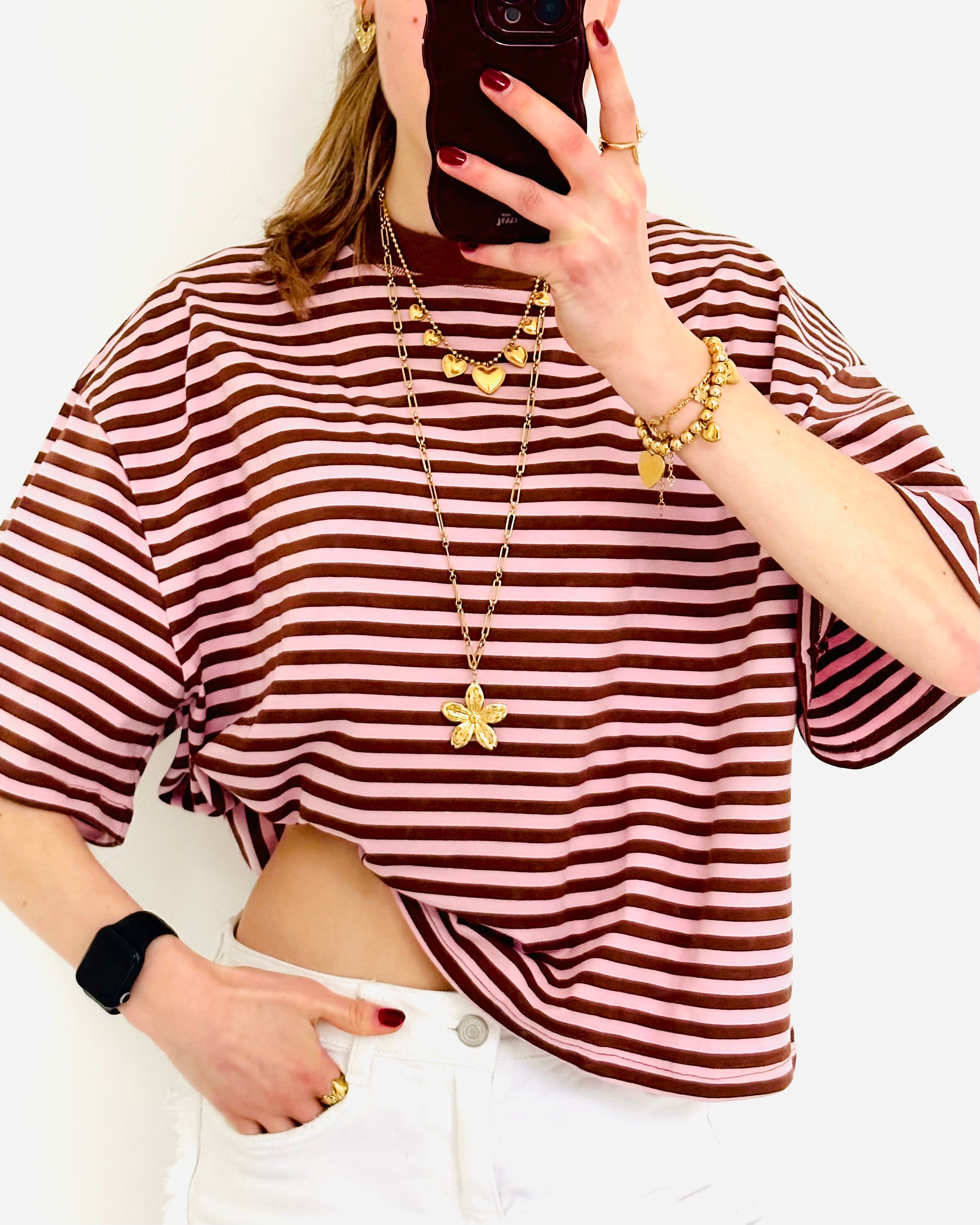 Casual stripe shortsleeve pink brown