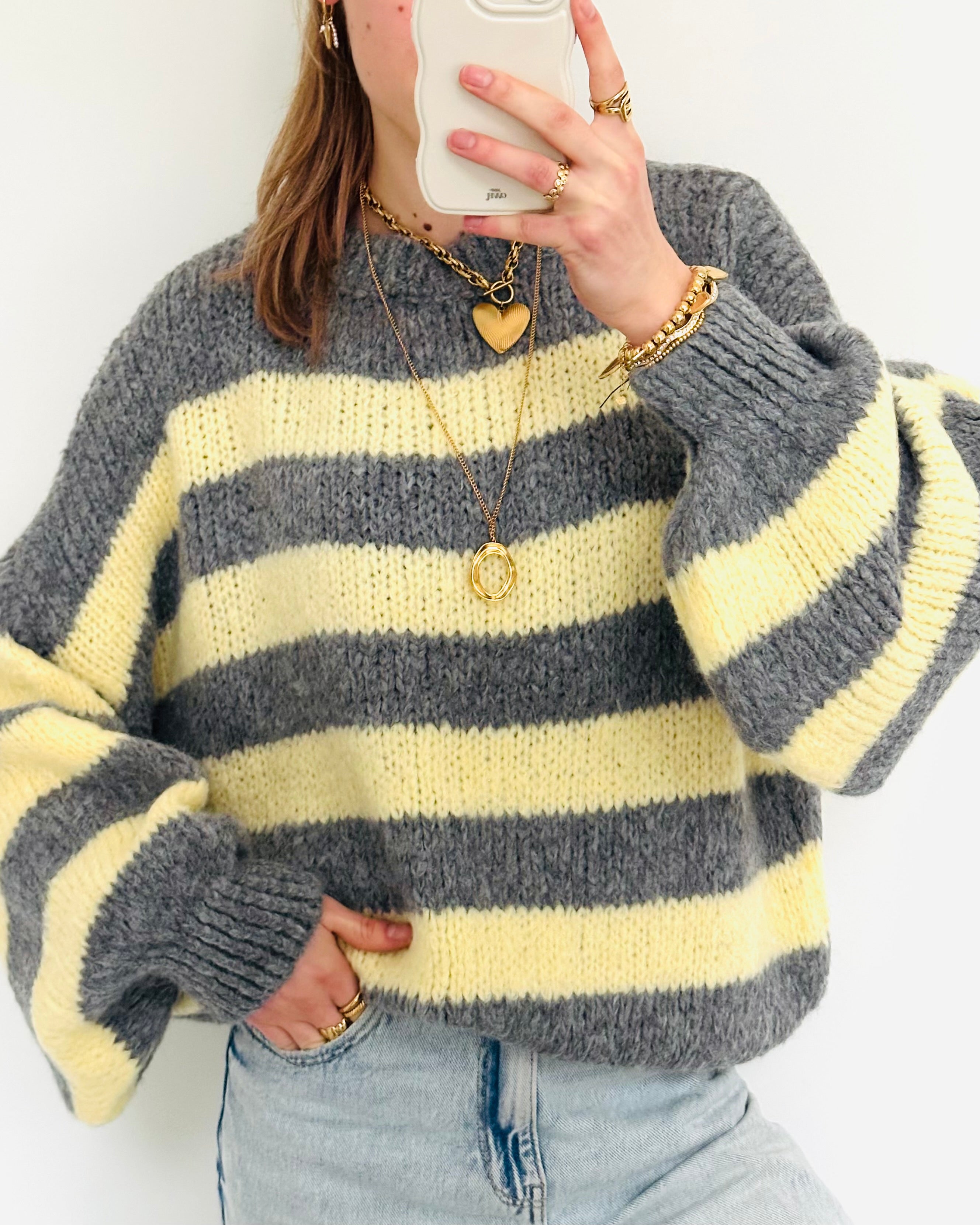 Comfy trui stripe grey yellow