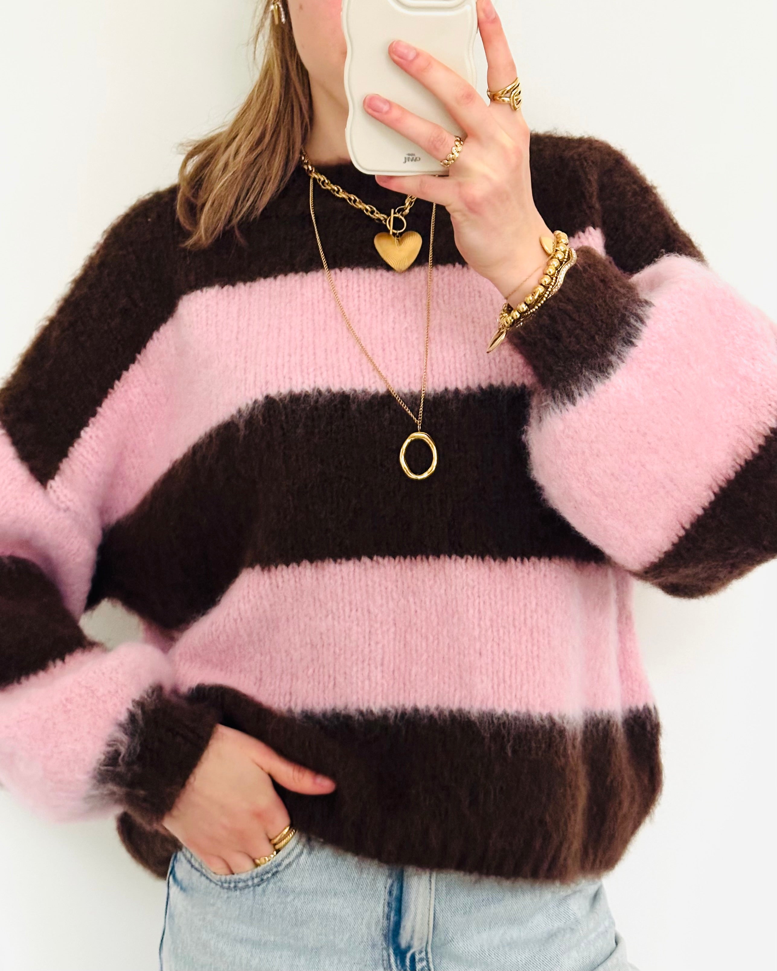 Soft trui stripe pink brown