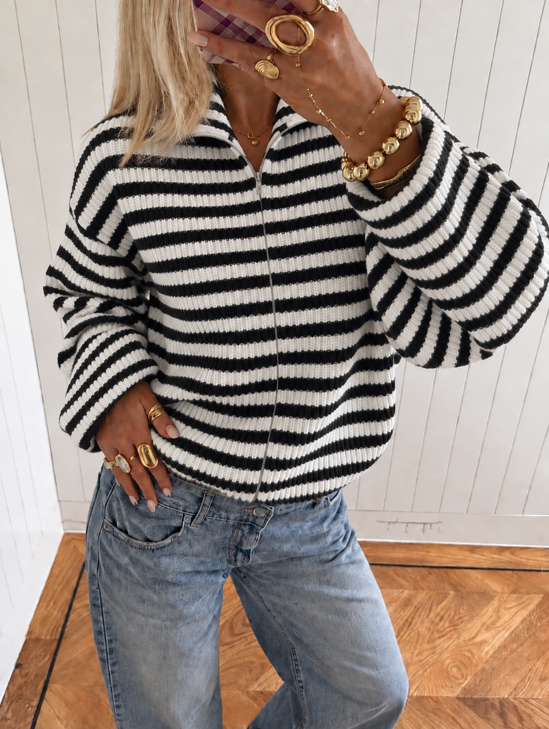 Essential Zip Knit striped black