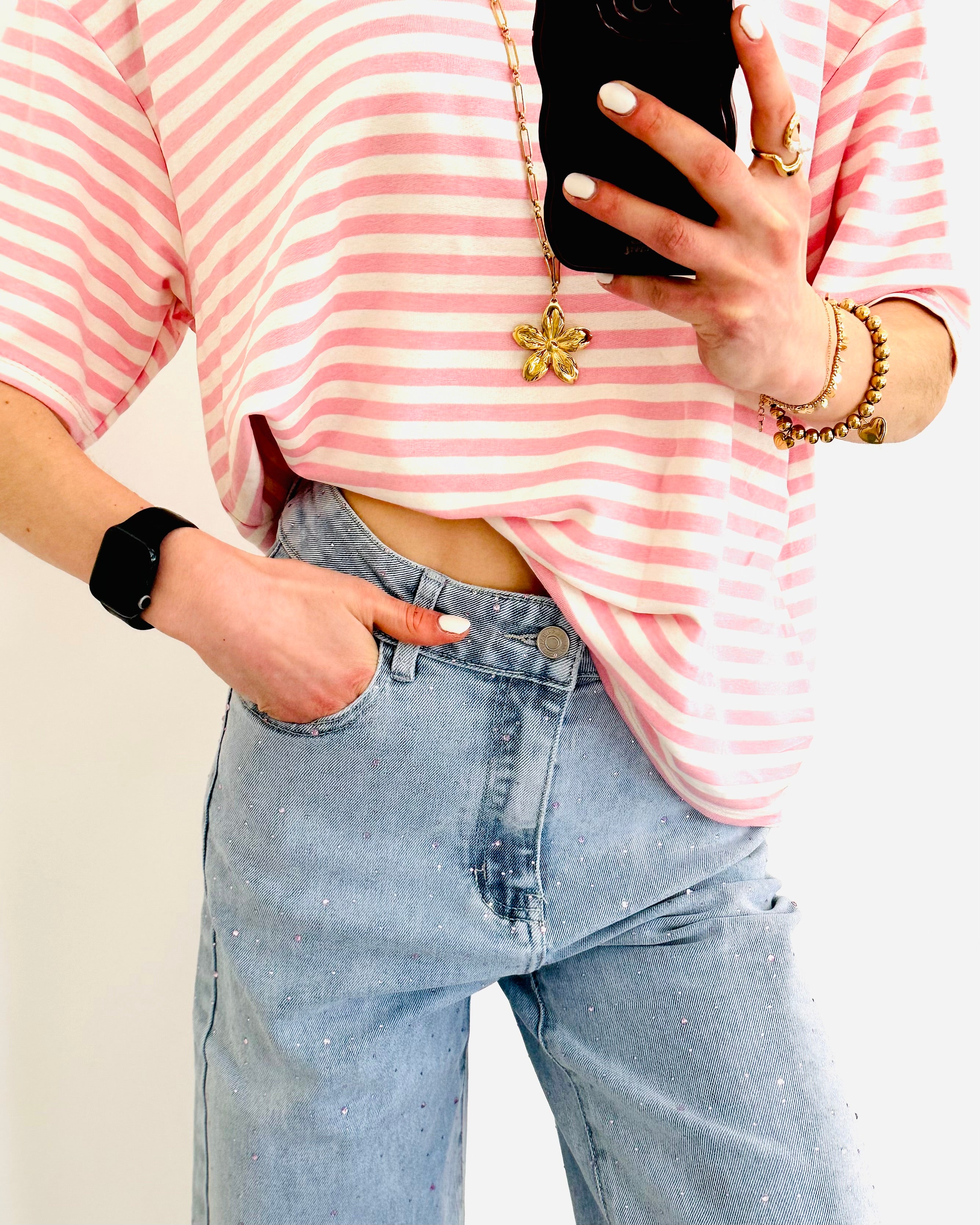 Limited glitter straight leg jeans pink