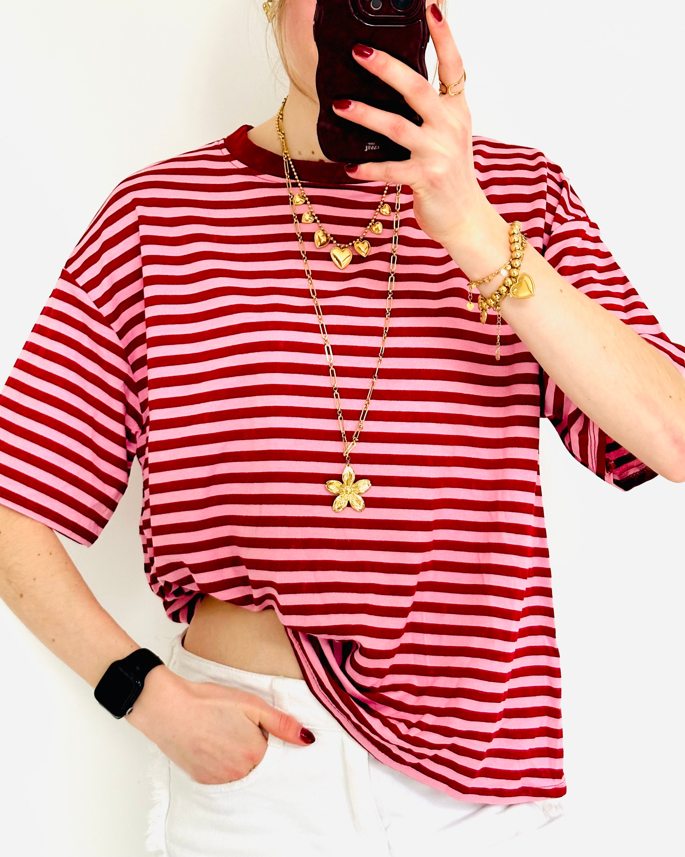 Casual stripe shortsleeve bordeaux pink