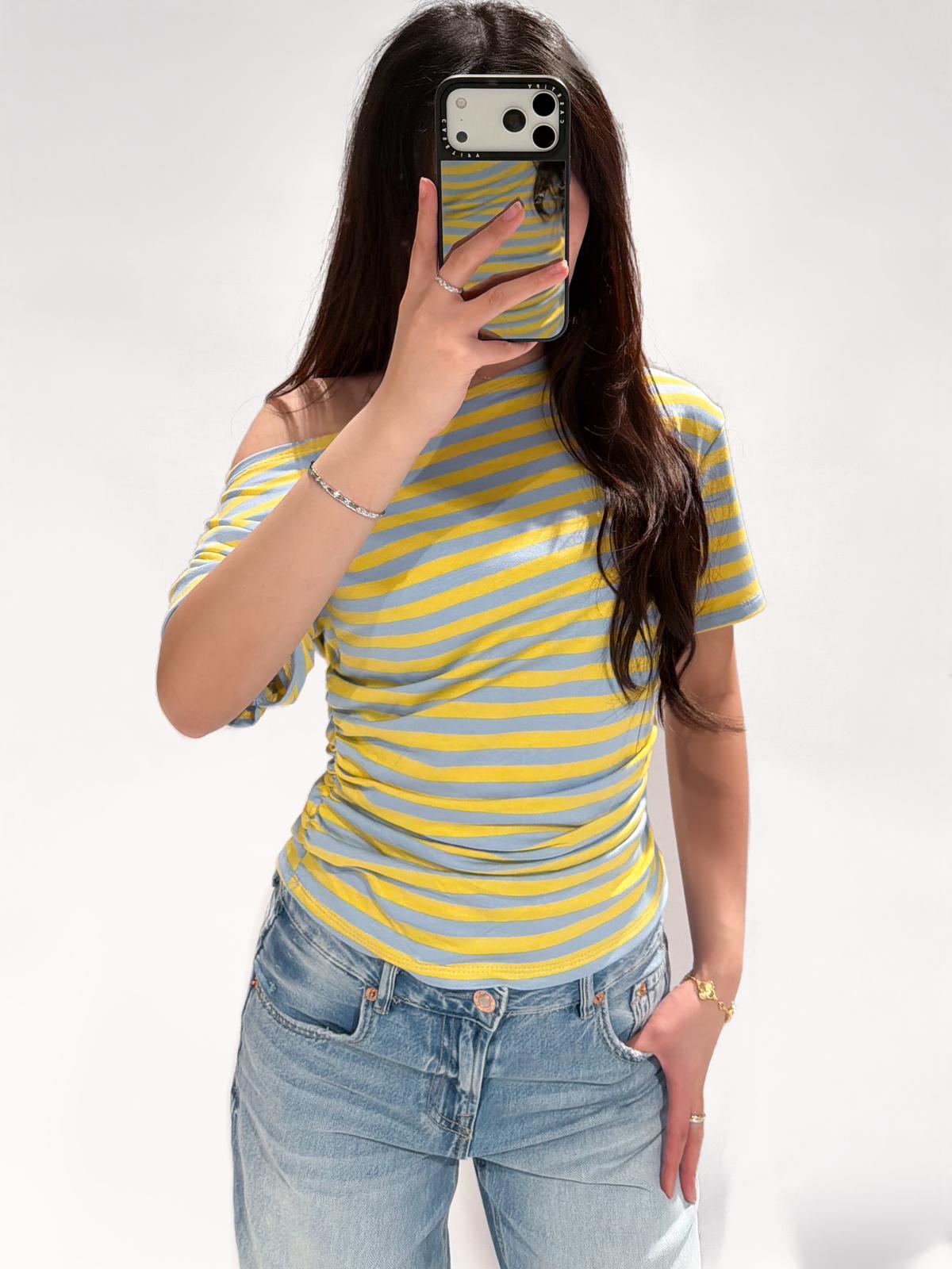 Casual stripe top geel blauw