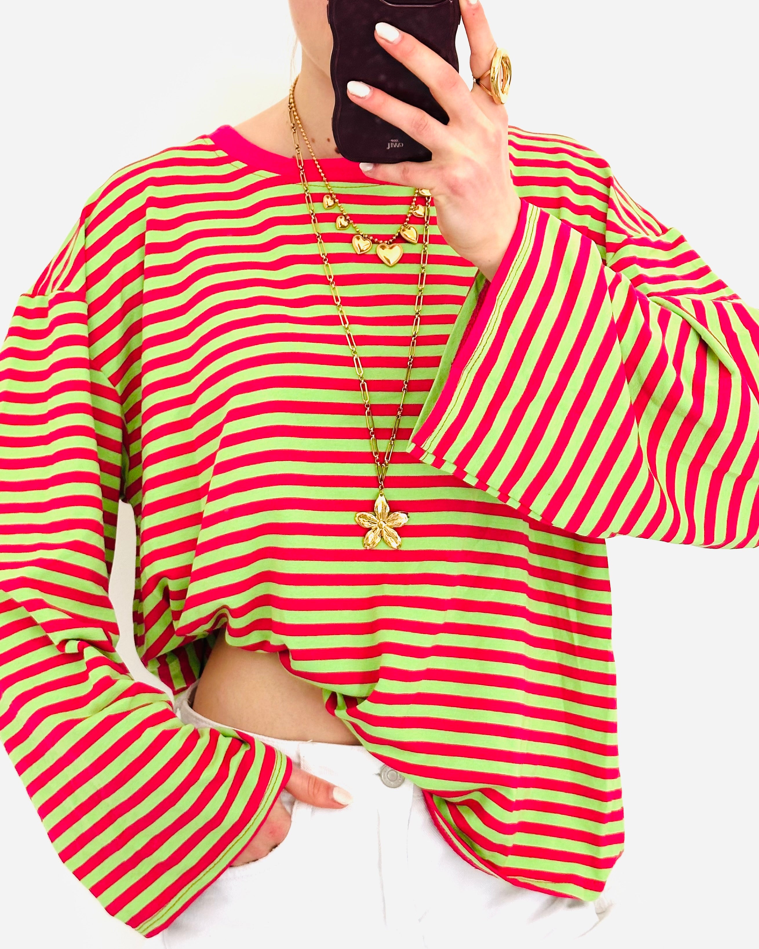 Casual stripe longsleeve green fuchsia