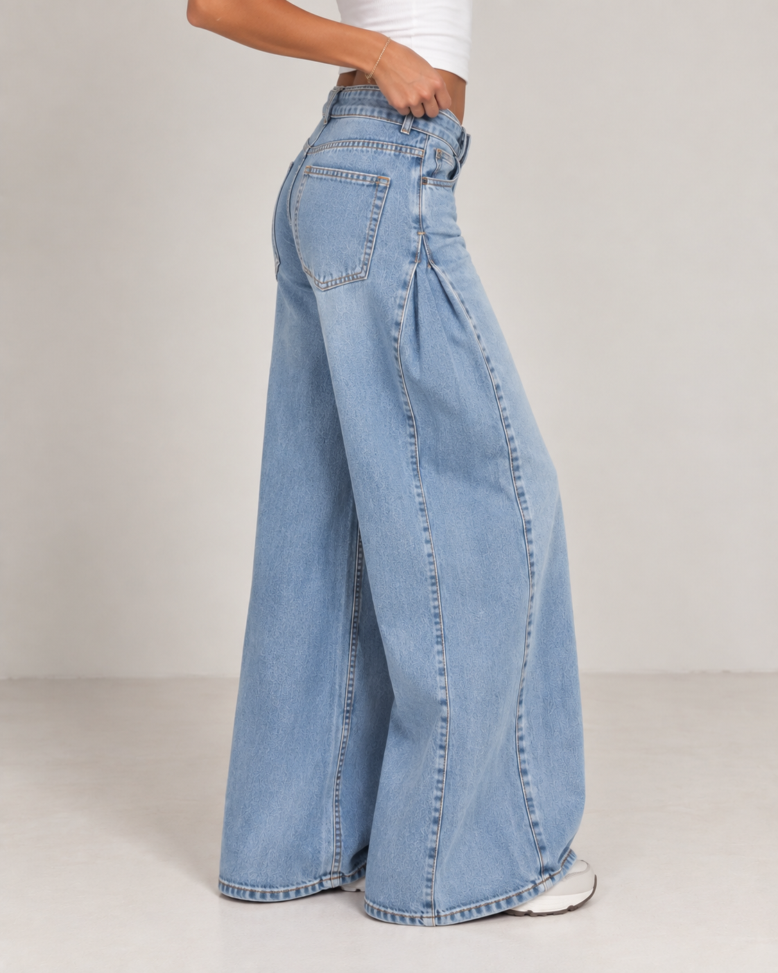 Redefined belted wide leg light blue