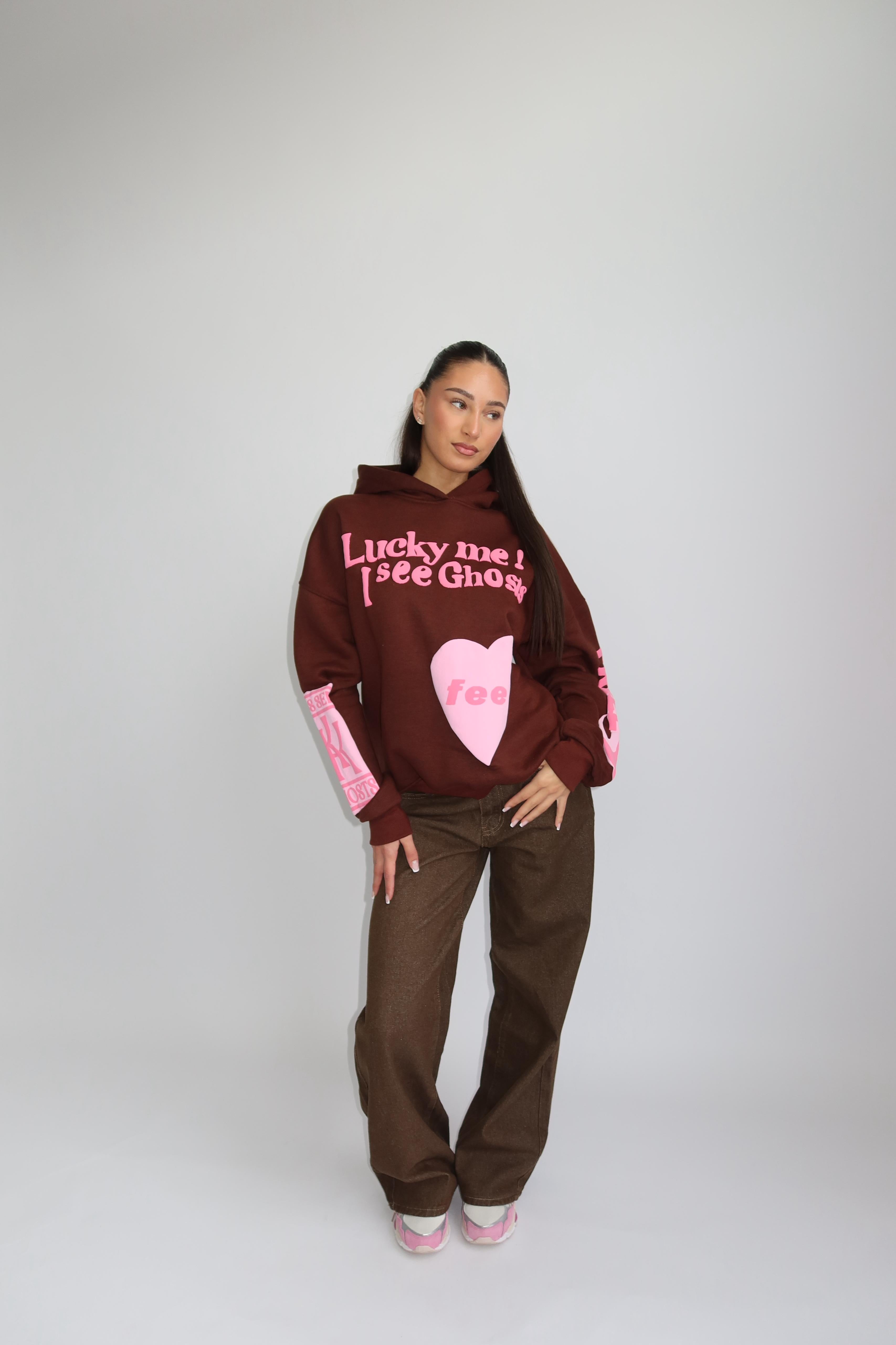 Lucky me hoodie brown pink