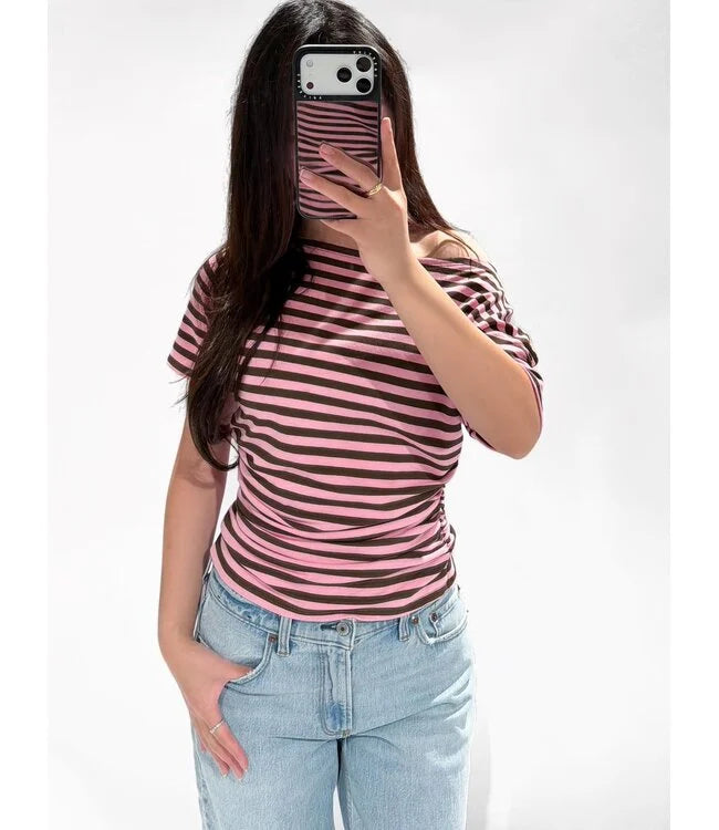 Casual stripe top pink brown