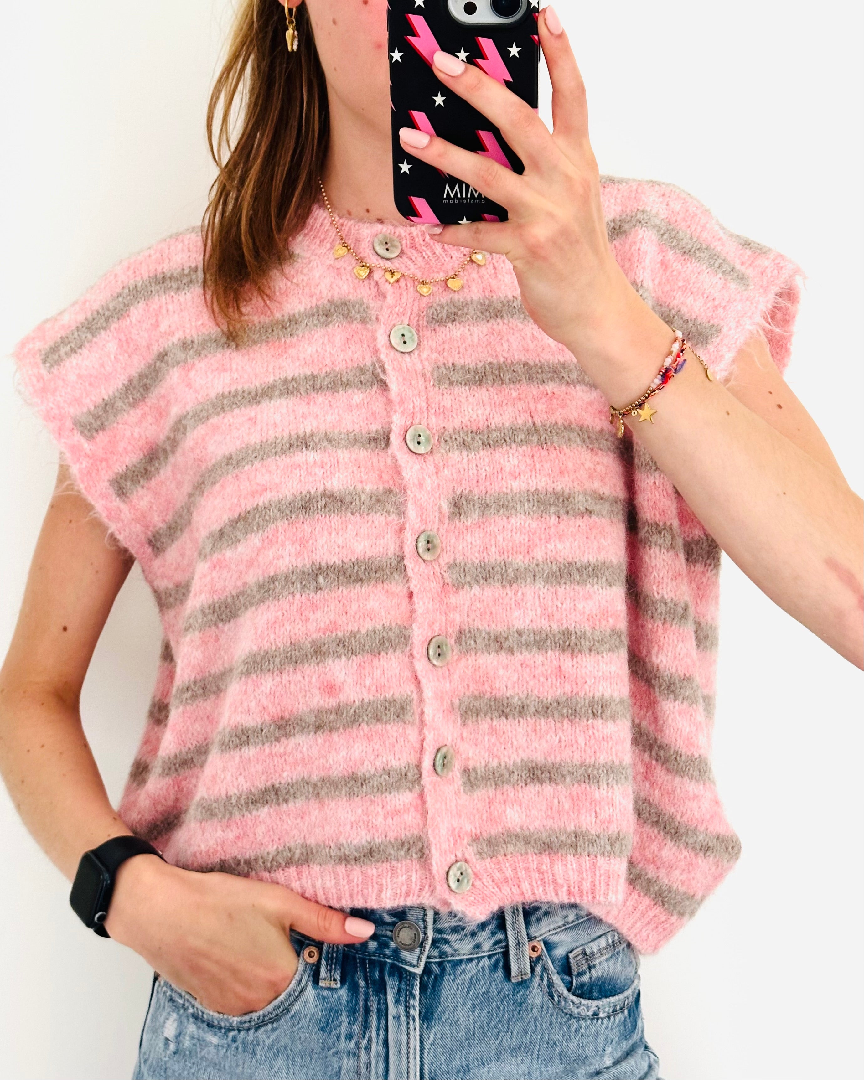 Liya strepen gillet roze grijs