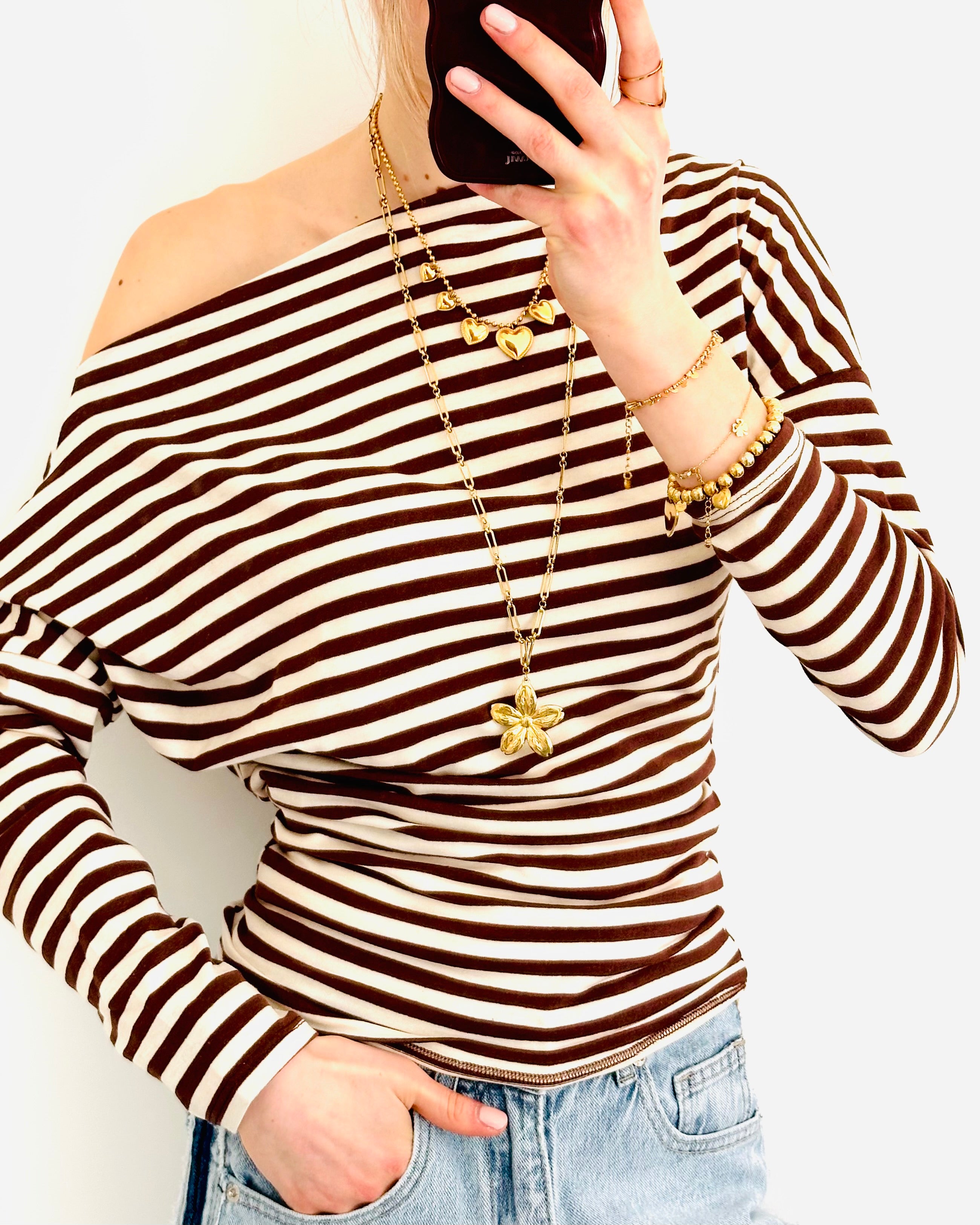 One shoulder striped top brown