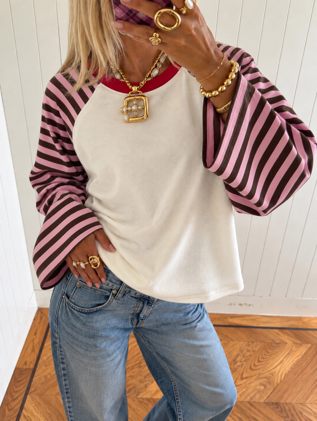 Poppy Striped Sleeve sweatshirt Pink/Brown