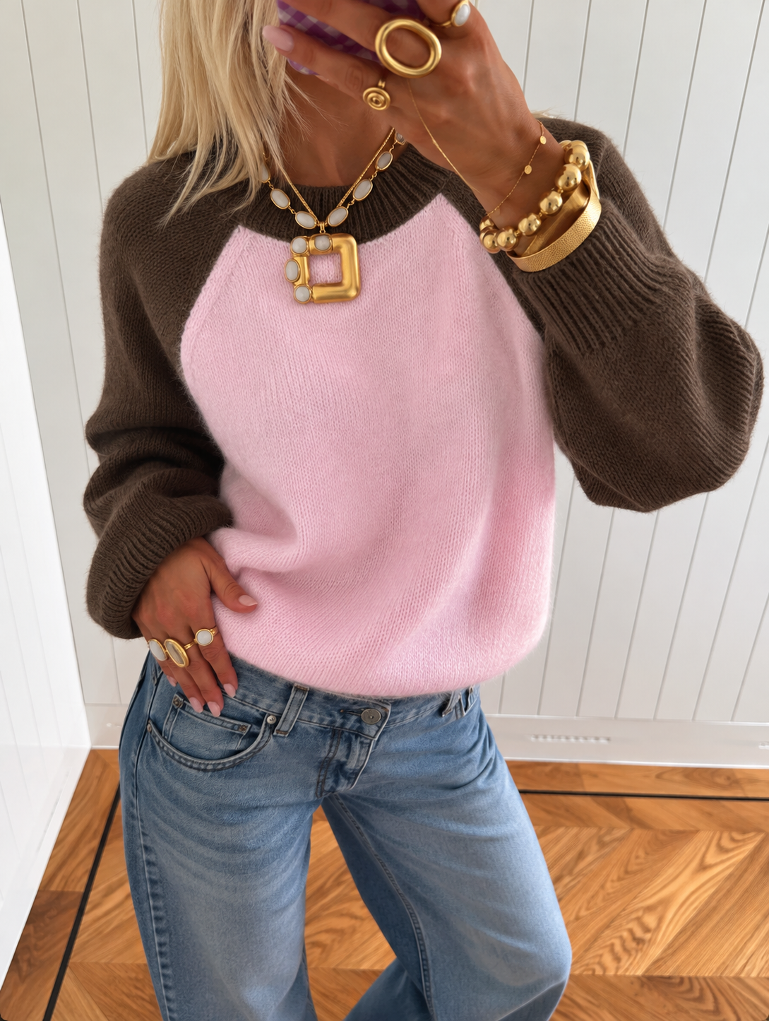 Double striped trui pink brown